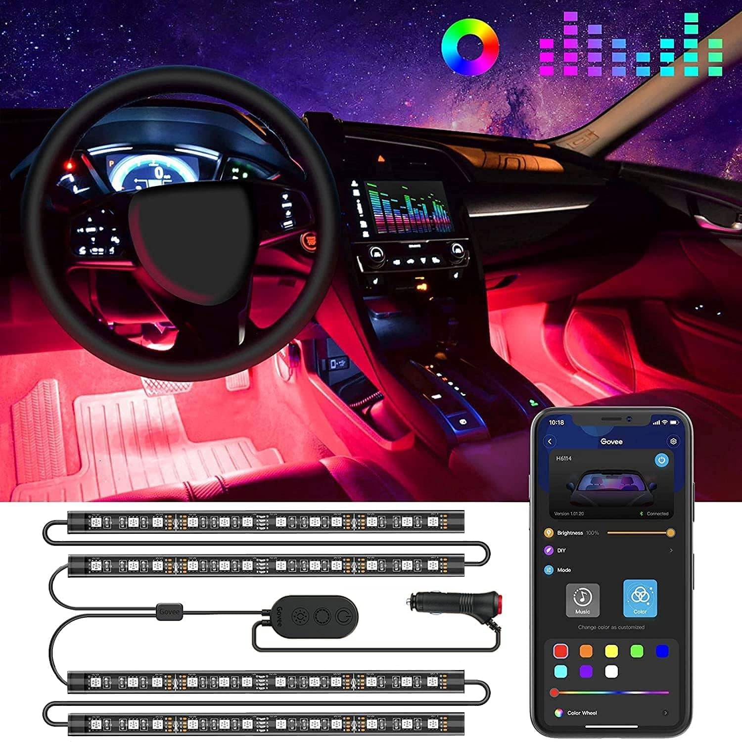 Govee Car LED Lights, Smart Car Interior Lights with App Control, RGB Lights with DIY Mode and Music Mode, 2 Lines Design LED Lights for Cars with Car Charger, 12V