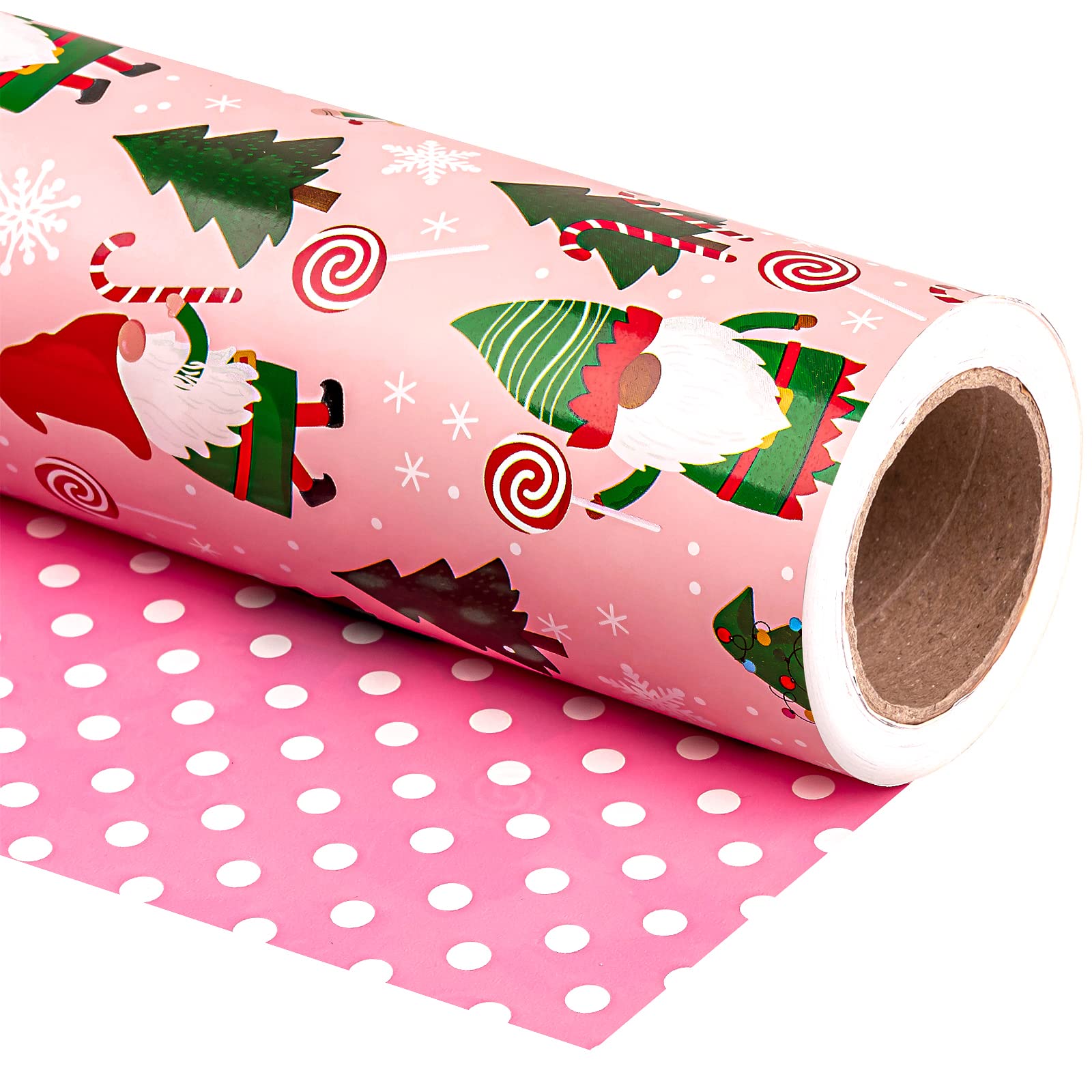 WRAPAHOLIC Reversible Christmas Wrapping Paper - Mini Roll - 17 Inch X 33 Feet - Red Green Gnome and Candy Canes, Pink and White Polka Dots Design for Holiday, Party, Celebration
