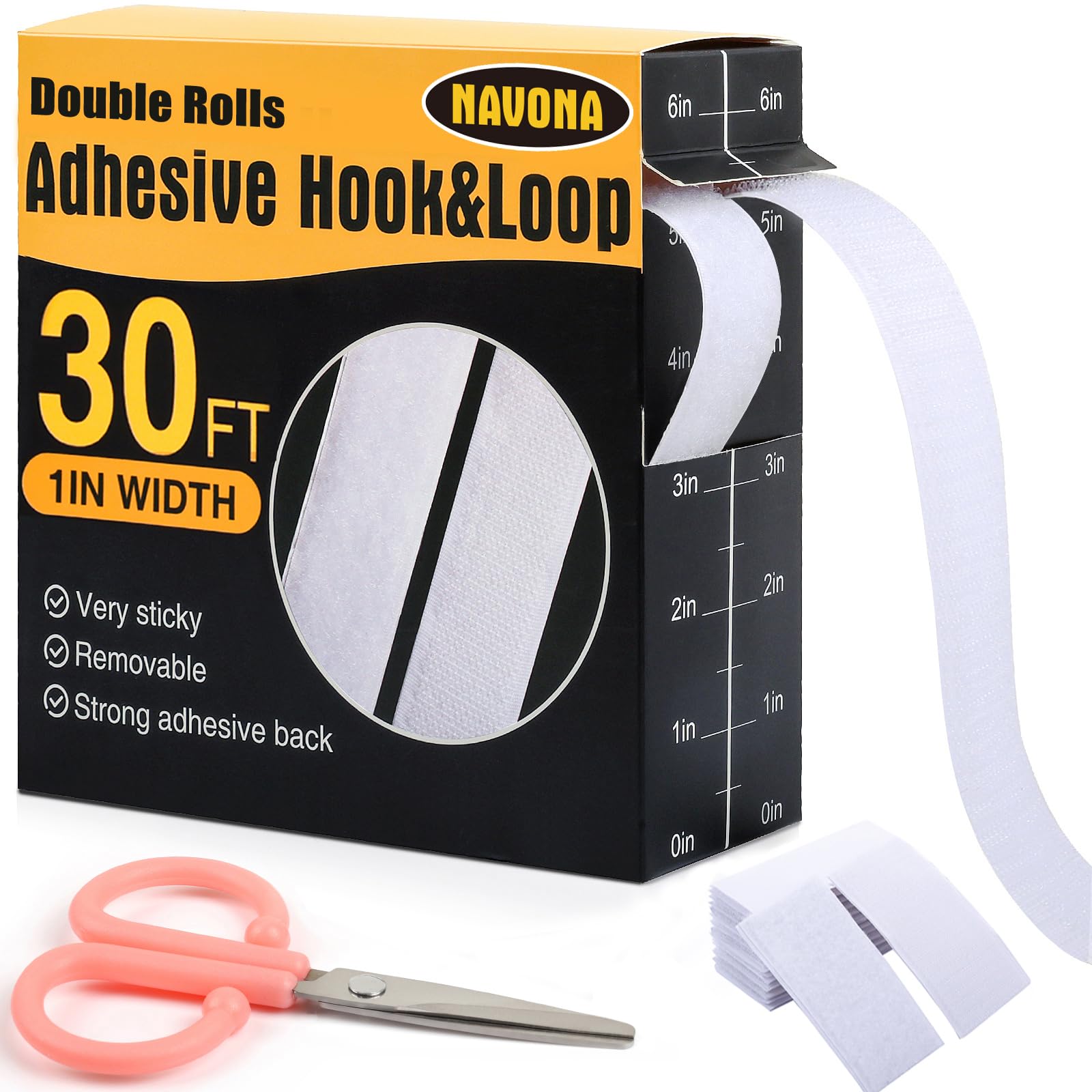 30Ft x 1 Inch Hook and Loop Strips with Adhesive,Double Rolls of Heavy Duty Self Adhesive Tape with Backing, Nylon Self Adhesive Tape for Home Office School and Crafting,White