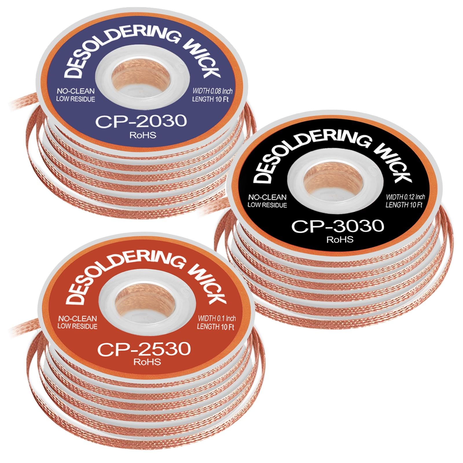 JoTownCand 3PCS Premium Desoldering Wick - 3 Sizes Solder Wick Braid (0.08", 0.1", 0.12" x 10FT) | No Clean Desoldering Braid & Solder Remover | Effortlessly Desolder Wick for PCB Repair & Electronics