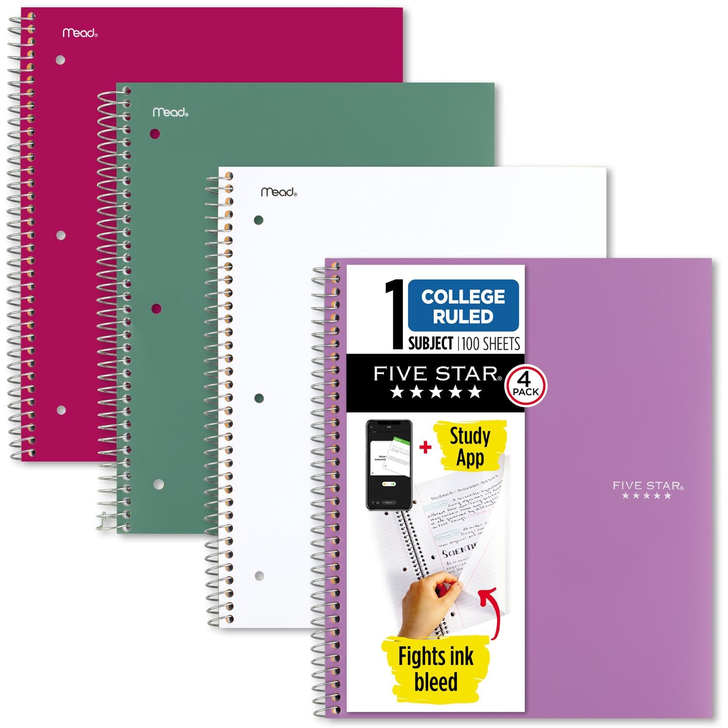 Five Star Spiral Notebooks + Study App, 4 Pack, 1 Subject, College Ruled Paper, 8-1/2" x 11", 100 Sheets, Purple, Pink, White, Green (820337-ECM)