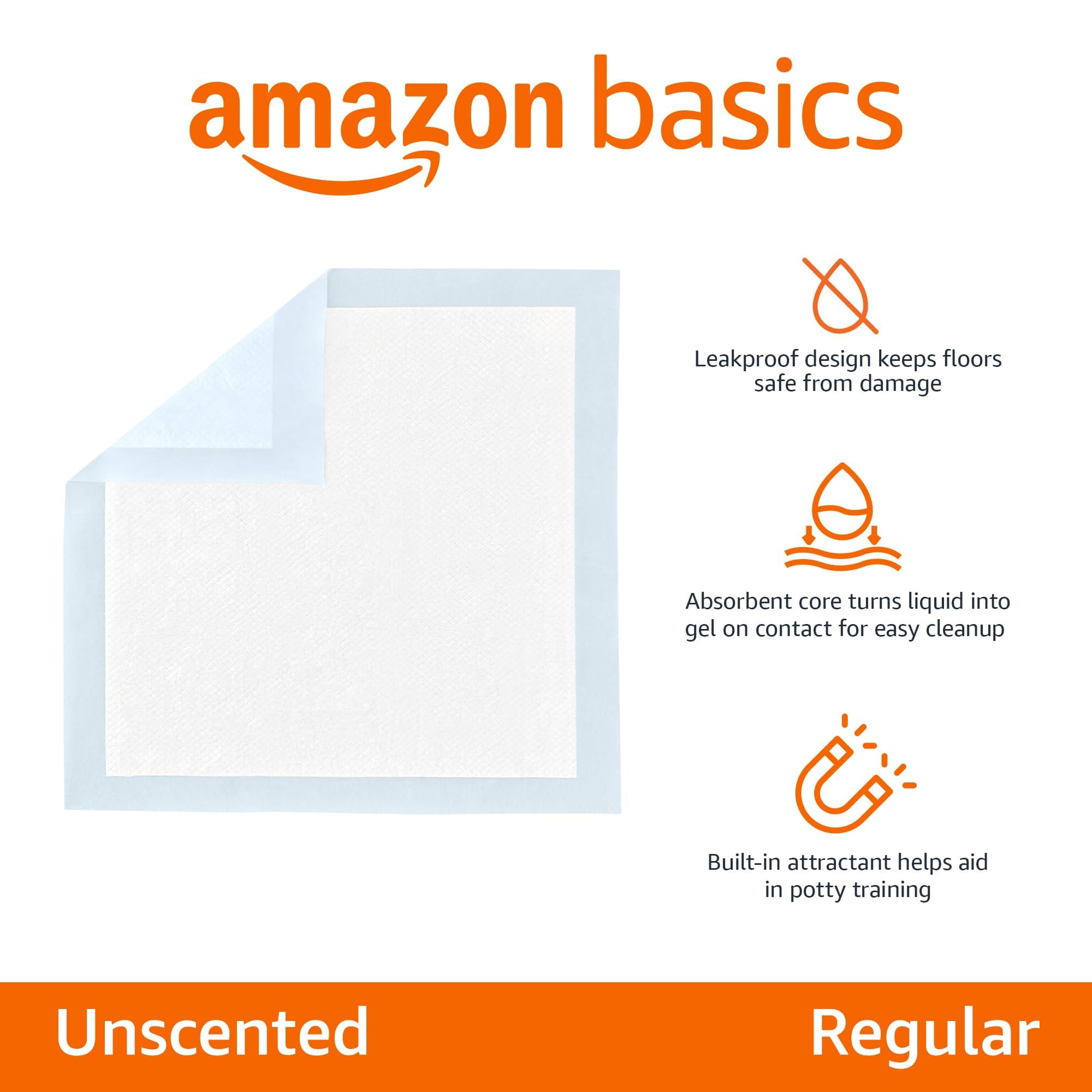 Amazon Basics Dog and Puppy Pee Pads, 5-Layer Leak-Proof Super Absorbent, Quick-Dry Surface, Potty Training, Regular (22x22"), 100 Count, Blue & White