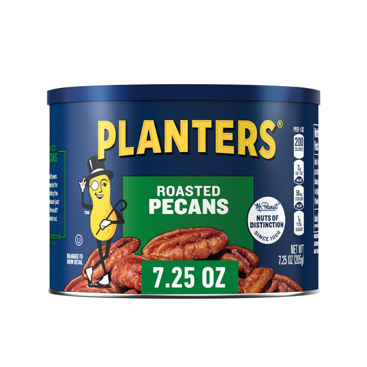 PLANTERS Roasted Pecan Nuts, Party Snacks, Plant-Based Protein, Nuts for Baking, Quick Snack for Adults, After School Snack, Roasted Pecans, Flavored with Sea Salt, Kosher, 7.25oz Canister