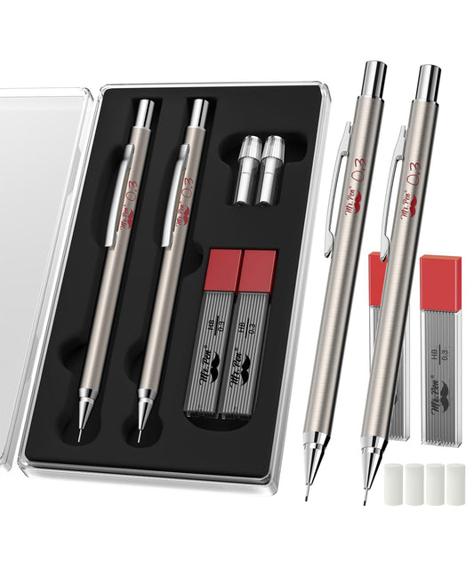 Mr. Pen Silver Metal Mechanical Pencils, 0.3mm, 2 Pack, Ideal For Art, Technical Drawing