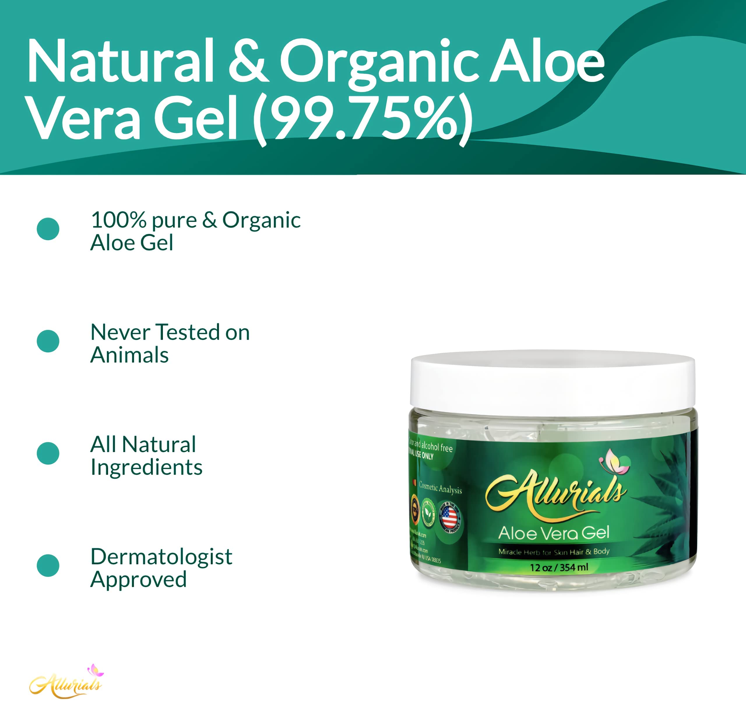 Allurials 100% Pure & Organic Aloe Vera Gel, Clinically tested & Dermatologist approved, Hydrates & Heals Dry & Damaged Skin & Hair- 12 Oz