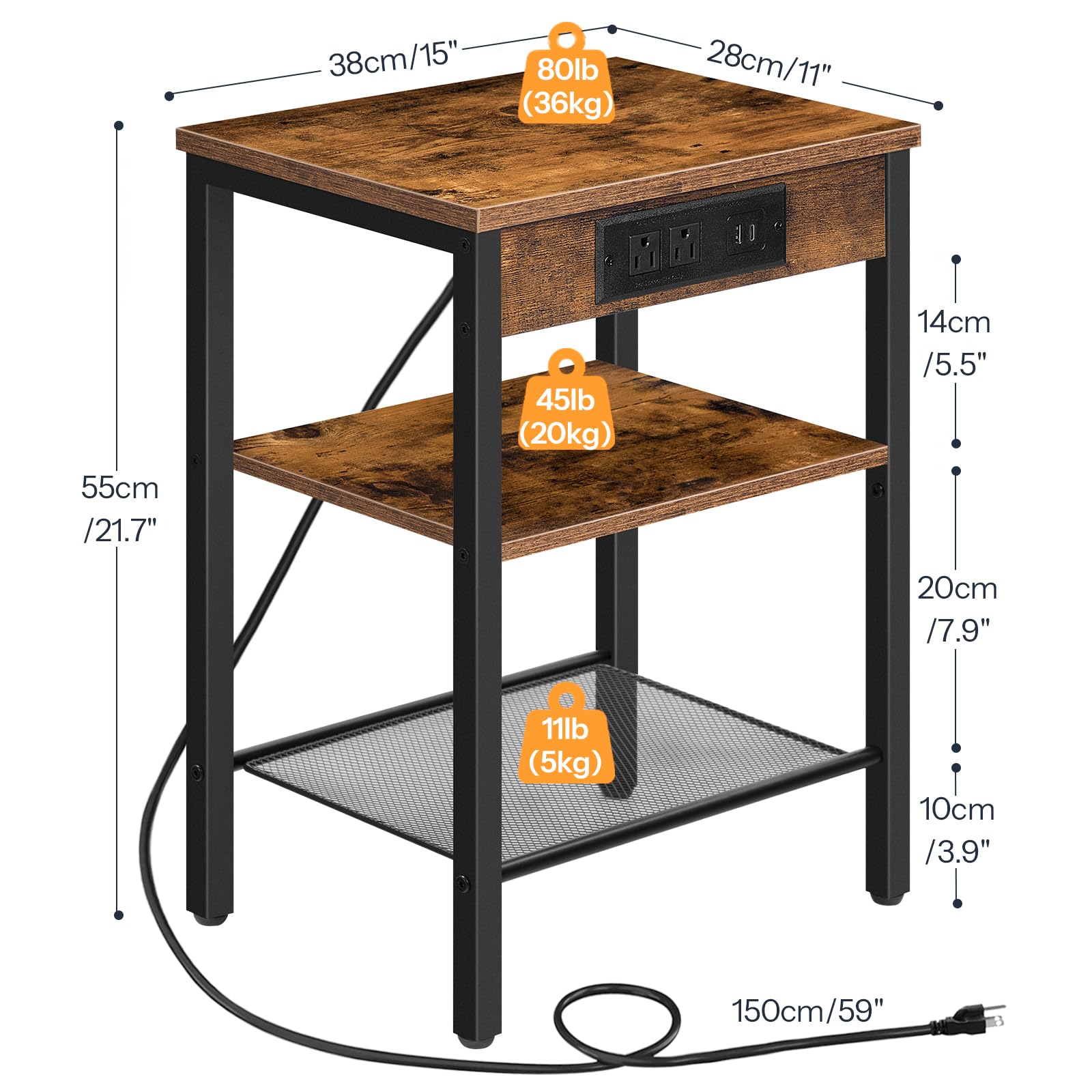 HOOBRO Side Table with Charging Station and USB Port, Small End Table for Small Space, 3-Tier Nightstand with Adjustable Shelf, for Living Room, Bedroom and Balcony, Rustic Brown BF112BZ01