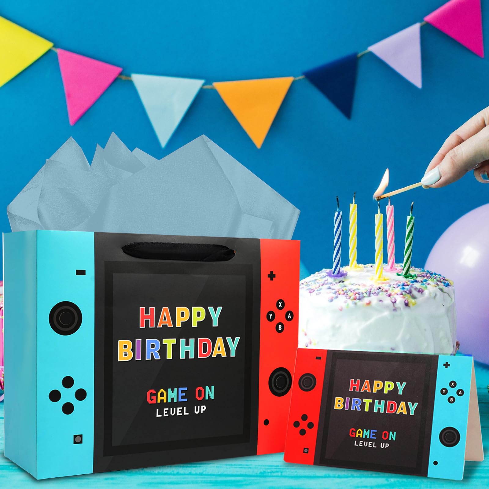 JOARHONAL Video Game Birthday Gift Bag - 13" Large Happy Birthday Gift Bag with Tissue Paper and Card for Boys Kids Video Game Birthday Party Supplies