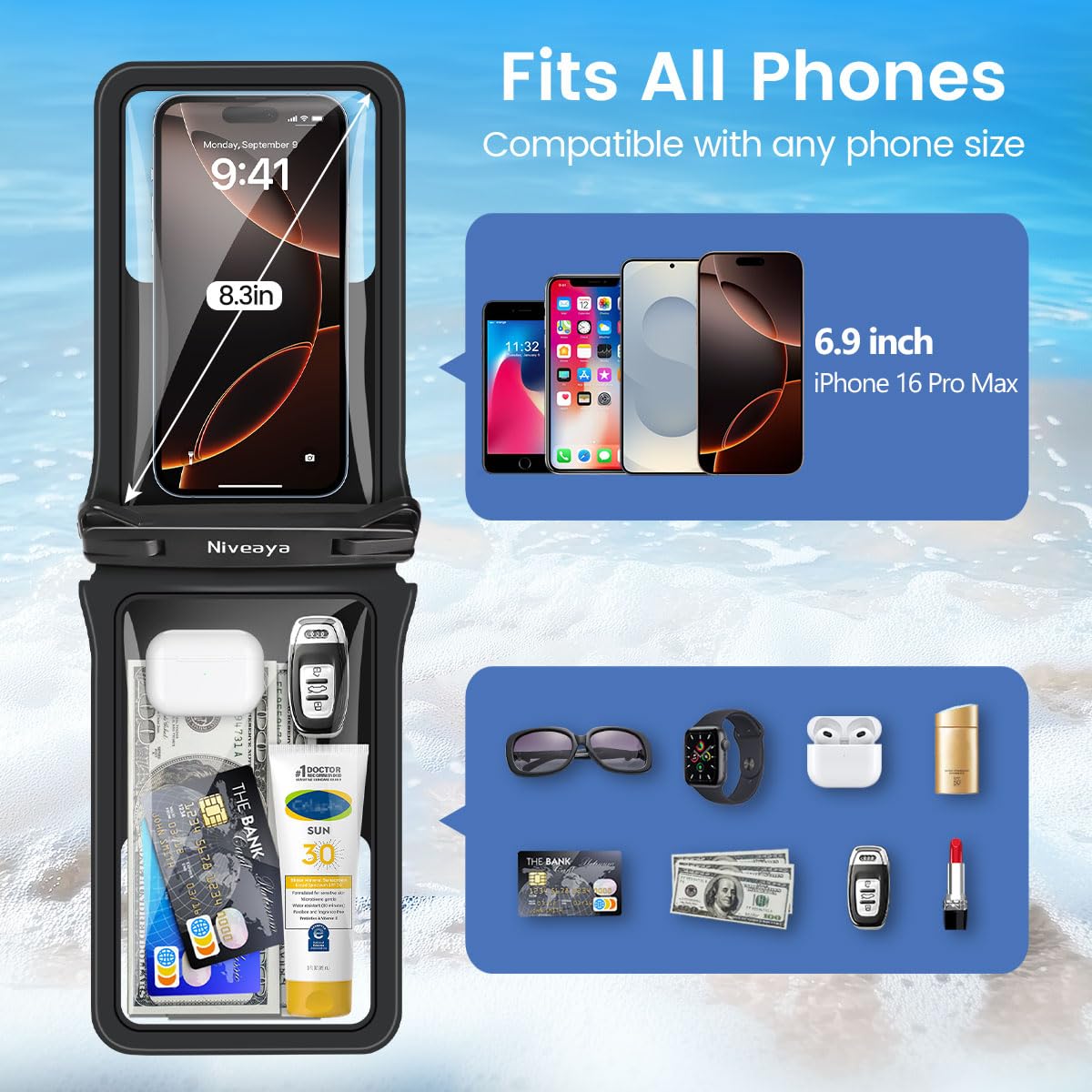 Niveaya Double Space Waterproof Phone Pouch (2-Pack) - IPX8 Cell Phone Dry Bag for Beach, Kayak, Cruise Travel Essentials - Compatible with iPhone 16/15/14 Pro Max & Galaxy S25/S24 Ultra (up to 8.3")
