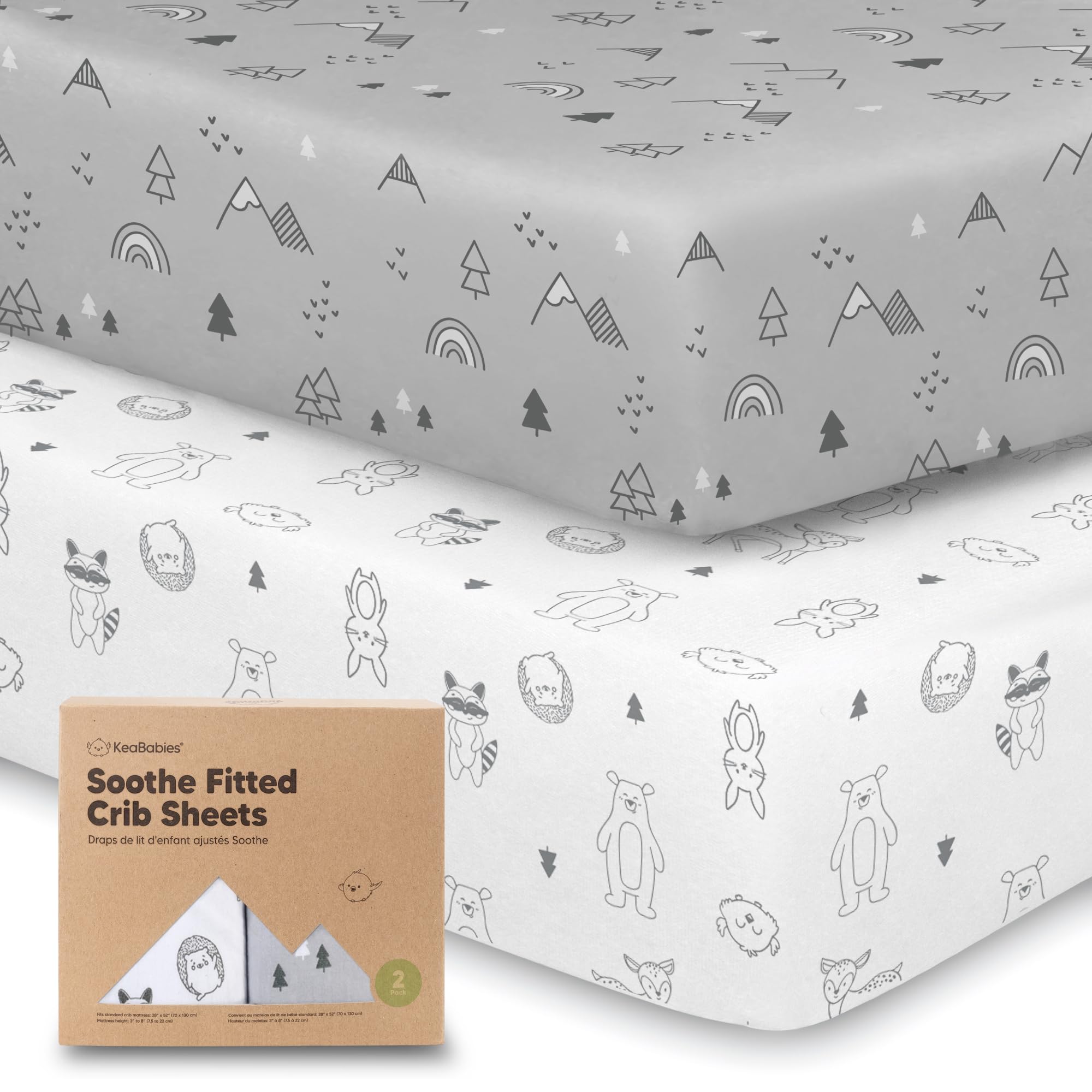 KeaBabies 2er-Pack Bio-Spannbettlaken für Jungen, Mädchen – 52x28 cm Spannbettlaken neutral, atmungsaktiver Jersey-Baumwollbezug für Babybett, Kleinkindmatratze, weiche und niedliche Prints (Waldtiere)