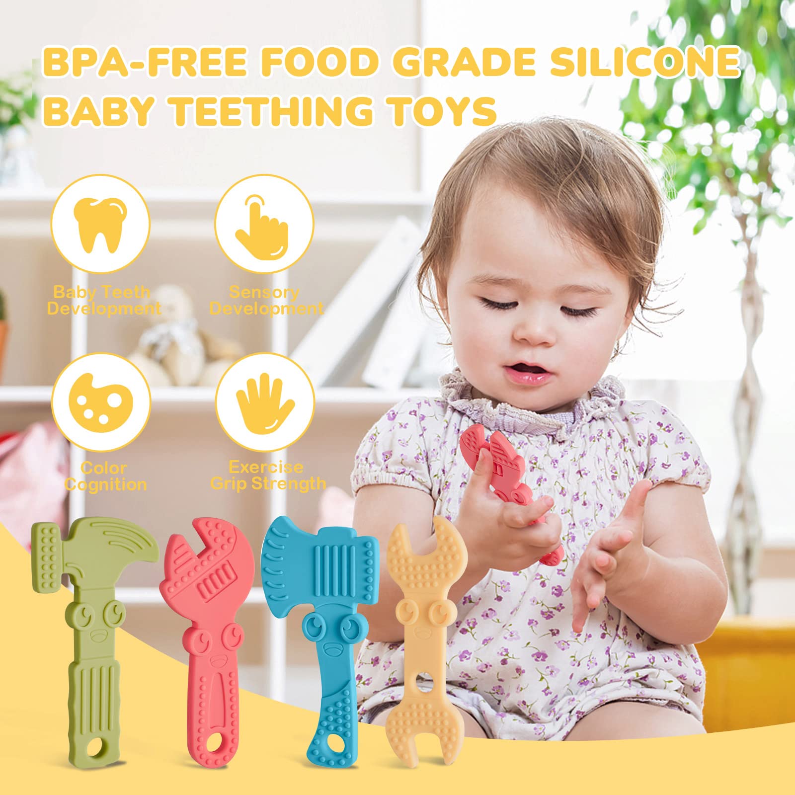 TYRY.HU Baby Teething Toys for Babies 0-6 Months 6-12 Months, BPA Free Silicone Baby Molar Teether Chew Toys, Hammer Wrench Spanner Pliers for Boys Girls, Soft-Textured, Easy to Hold & Clean, 4 Packs