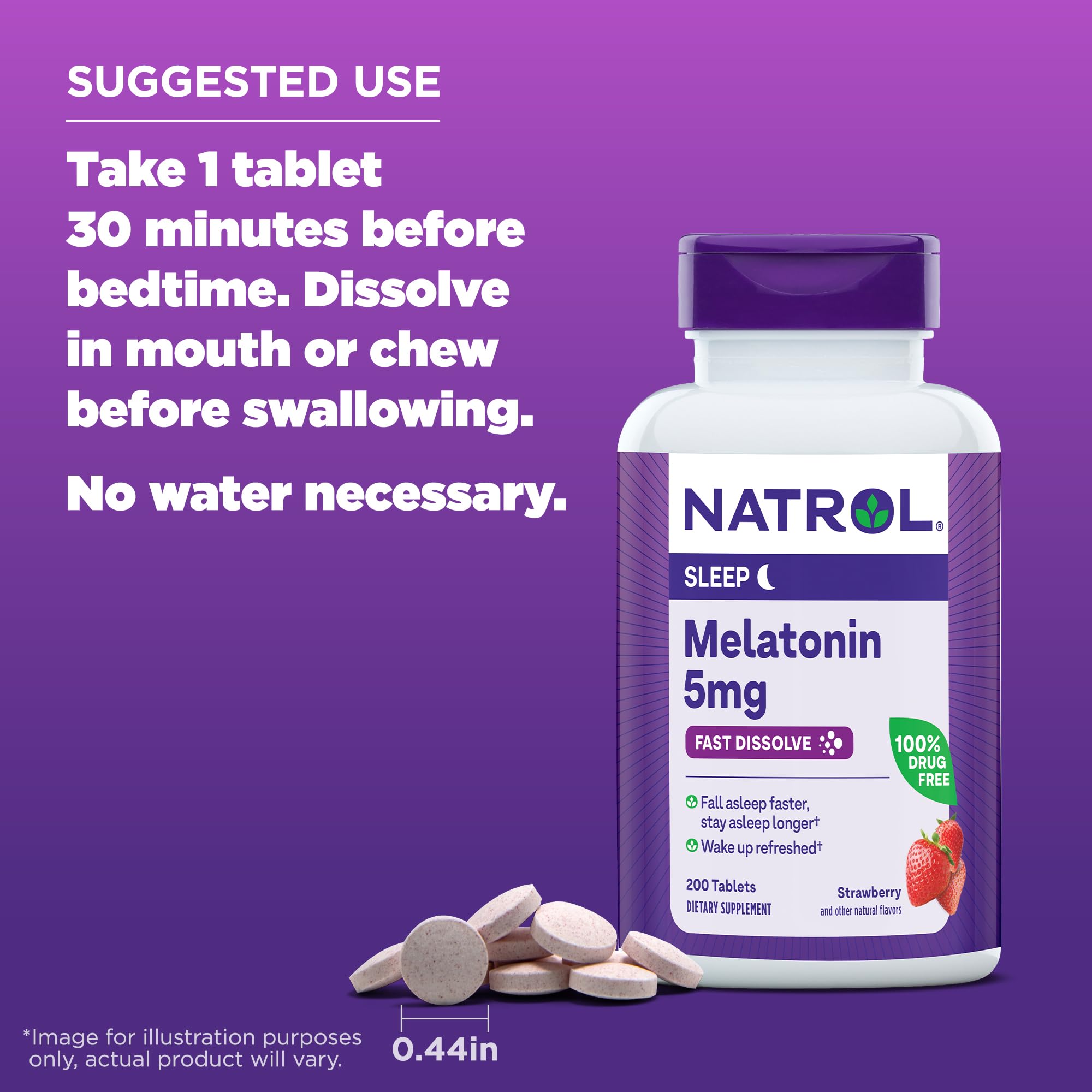 Natrol Melatonin 5mg Fast Dissolve Tablets, Sleep Support Supplements for Adults, Strawberry Flavor, 200 Tablets, Up to 200 Day Supply