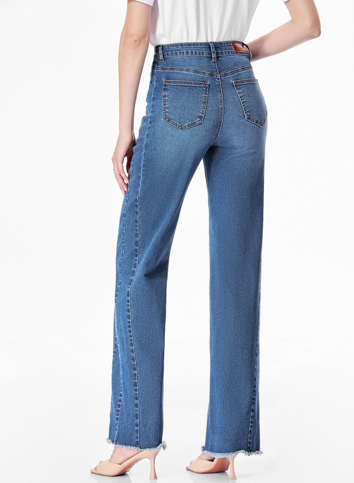 Sidefeel Women's Wide Leg Jeans High Waisted Stretchy Raw Hem Denim Pants Size 10 Blue