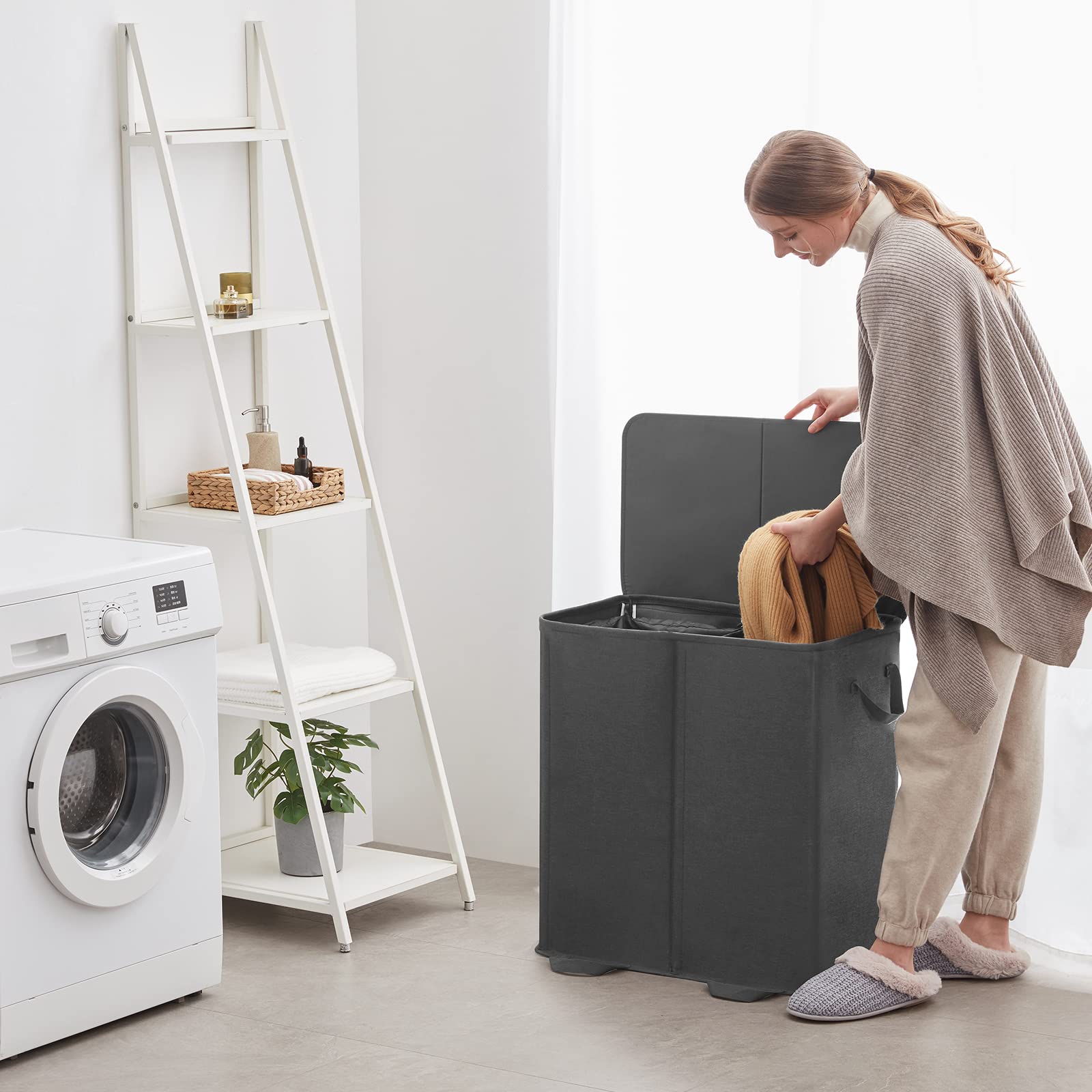 Lifewit Double Laundry Hamper with Lid and Removable Laundry Bags, Large Collapsible 2 Dividers Dirty Clothes Basket with Handles for Bedroom, Laundry Room, Closet, Bathroom, College, 136L Black