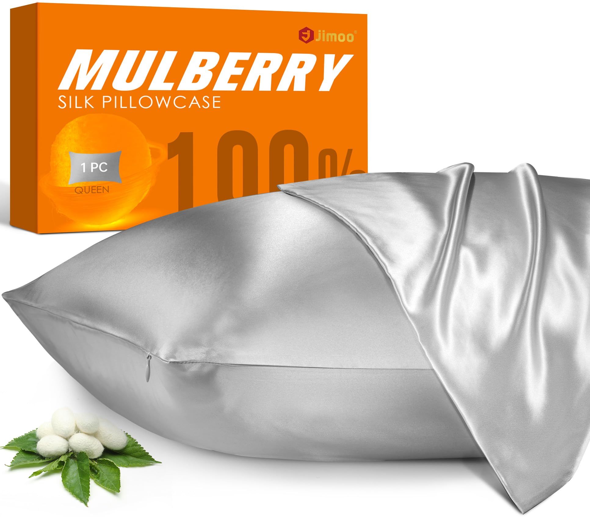 100% Mulberry Silk Pillowcase for Hair and Skin, 22 Momme Natural Silk Pillow Case with Zipper, Both Sided Pure Silk Pillow Cover for Women Mom Men(Silver Grey, Standard 20''×26'')