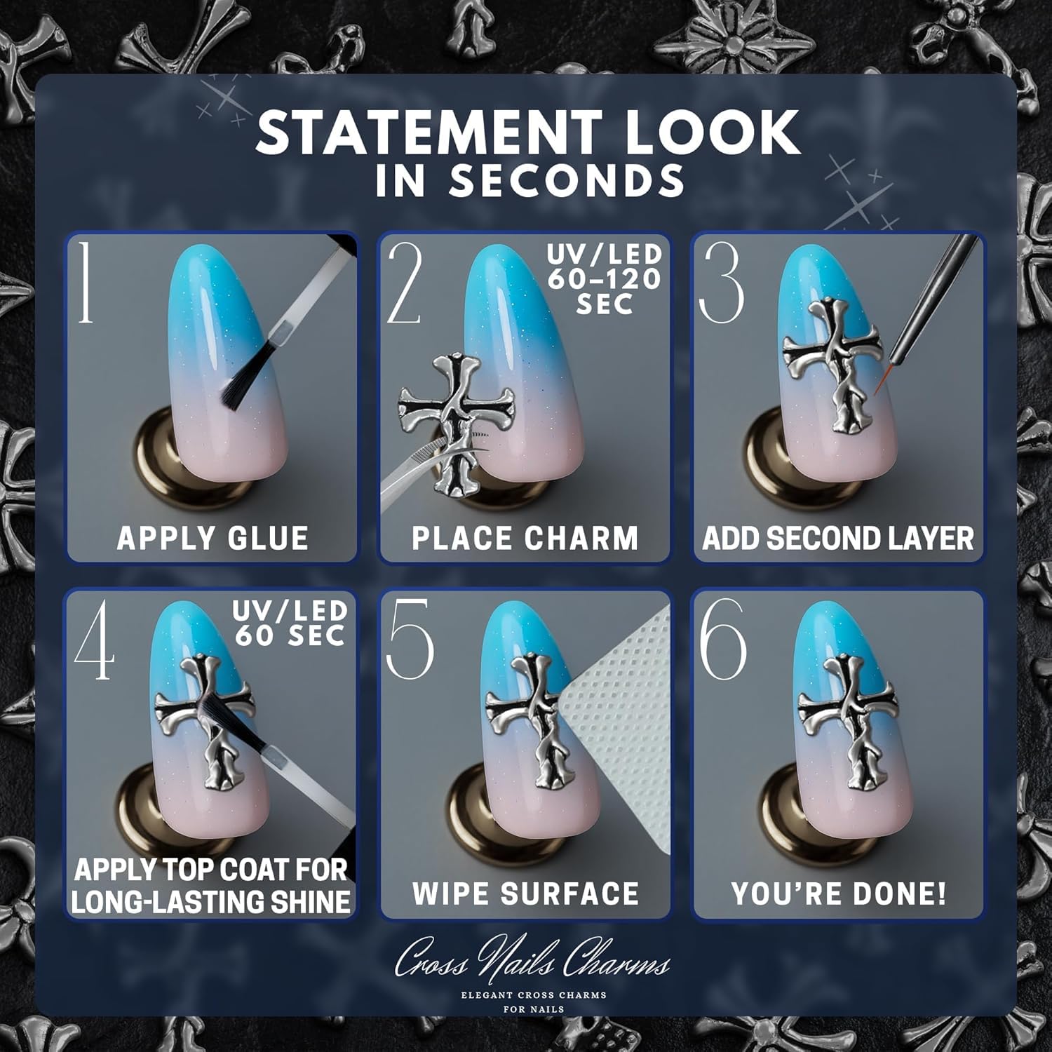 100 Pcs Silver Cross Nail Charms and Gems – 3D Acrylic Cross Charms for Nails for DIY & Professional Manicure – Easy-to-Apply & Durable Nail Decorations, Versatile for Y2K & Nail Studs