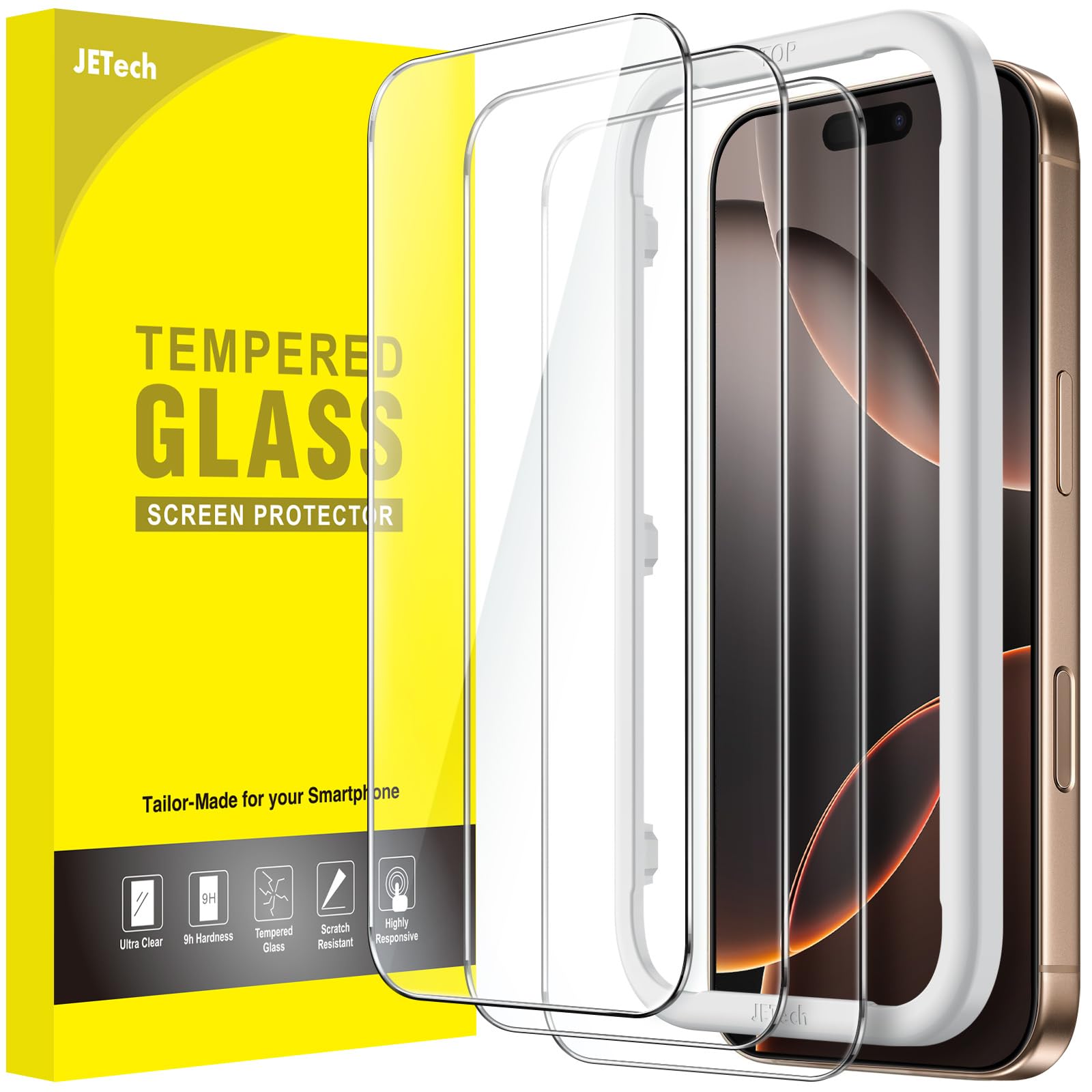 JETech Screen Protector for iPhone 16 Pro 6.3-Inch, Tempered Glass Film with Easy Installation Tool, Case-Friendly, HD Clear, 3-Pack