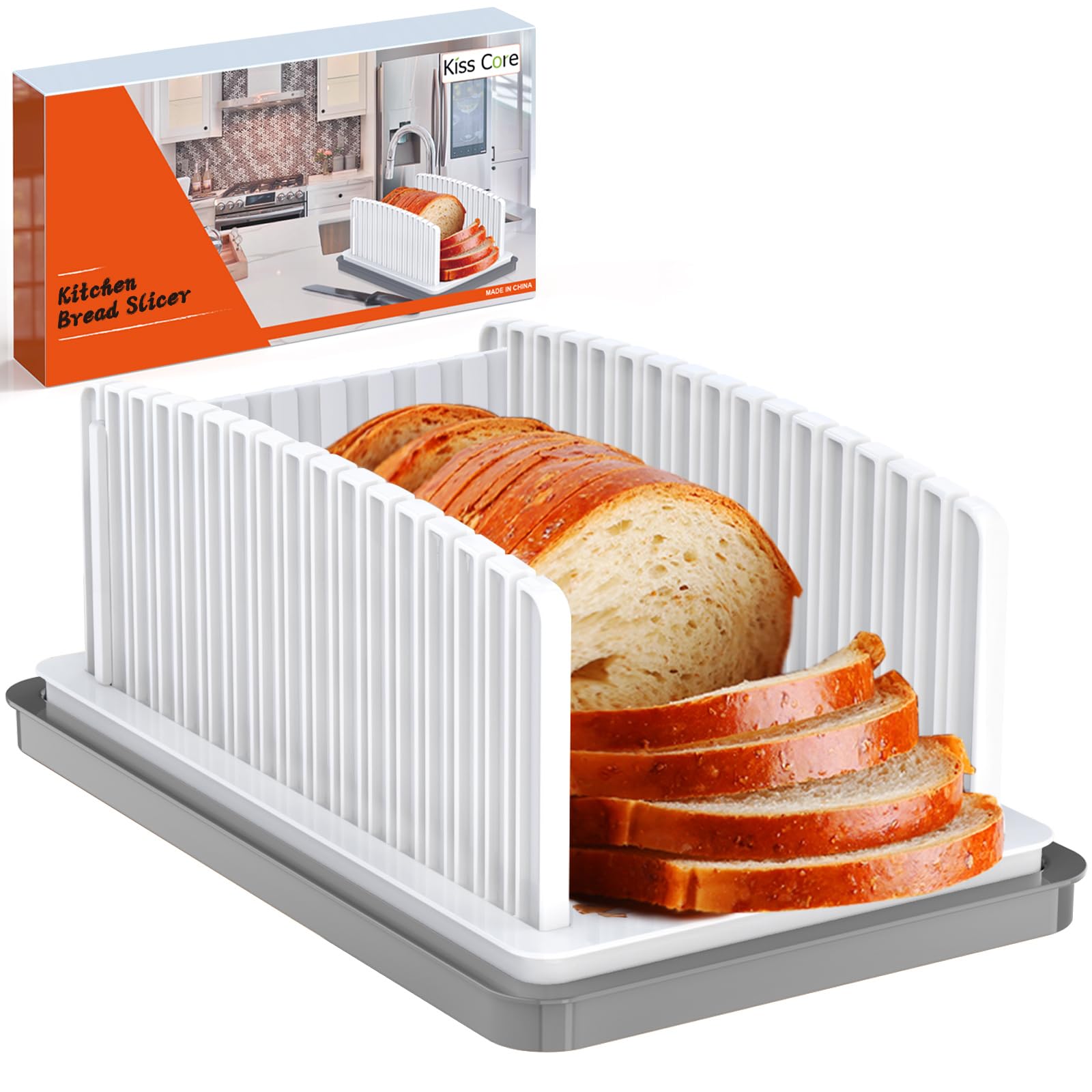 Kiss Core New Upgrade Bread Slicer for Homemade Bread, Bread Slicing Guide Adjustable Width, Foldable and Compact Cutting Guide with Crumb Tray, Suitability for Homemade Bread, Bagels, Cakes