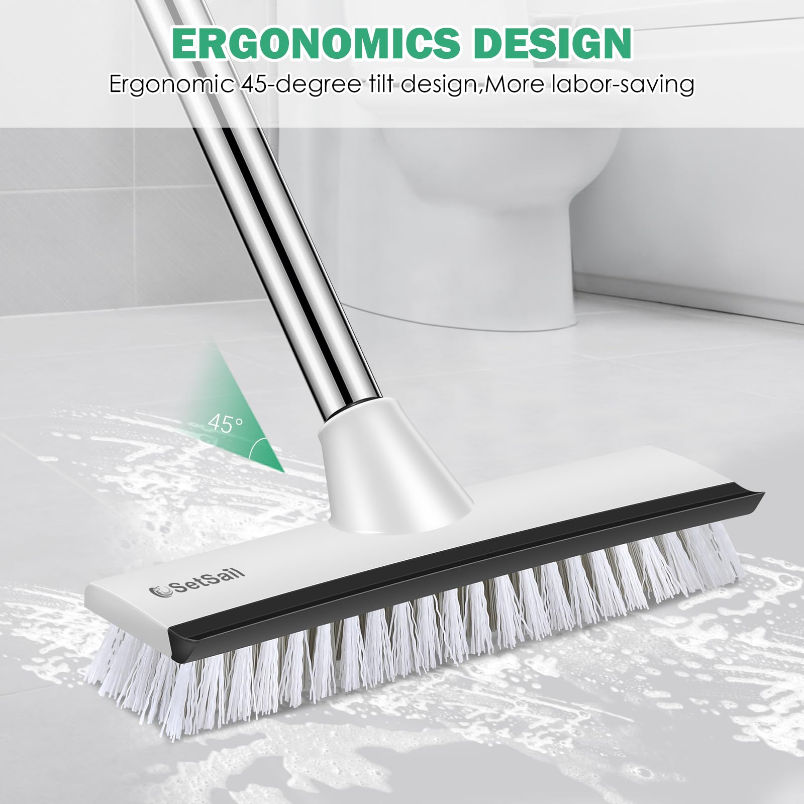 SetSail Floor Scrub Brush with 51-Inch Long Adjustable Handle 2 in 1 Scrape Brush Stiff Bristle Floor Scrubber for Cleaning Shower Bathroom Garage Kitchen Wall Deck Tub Tile
