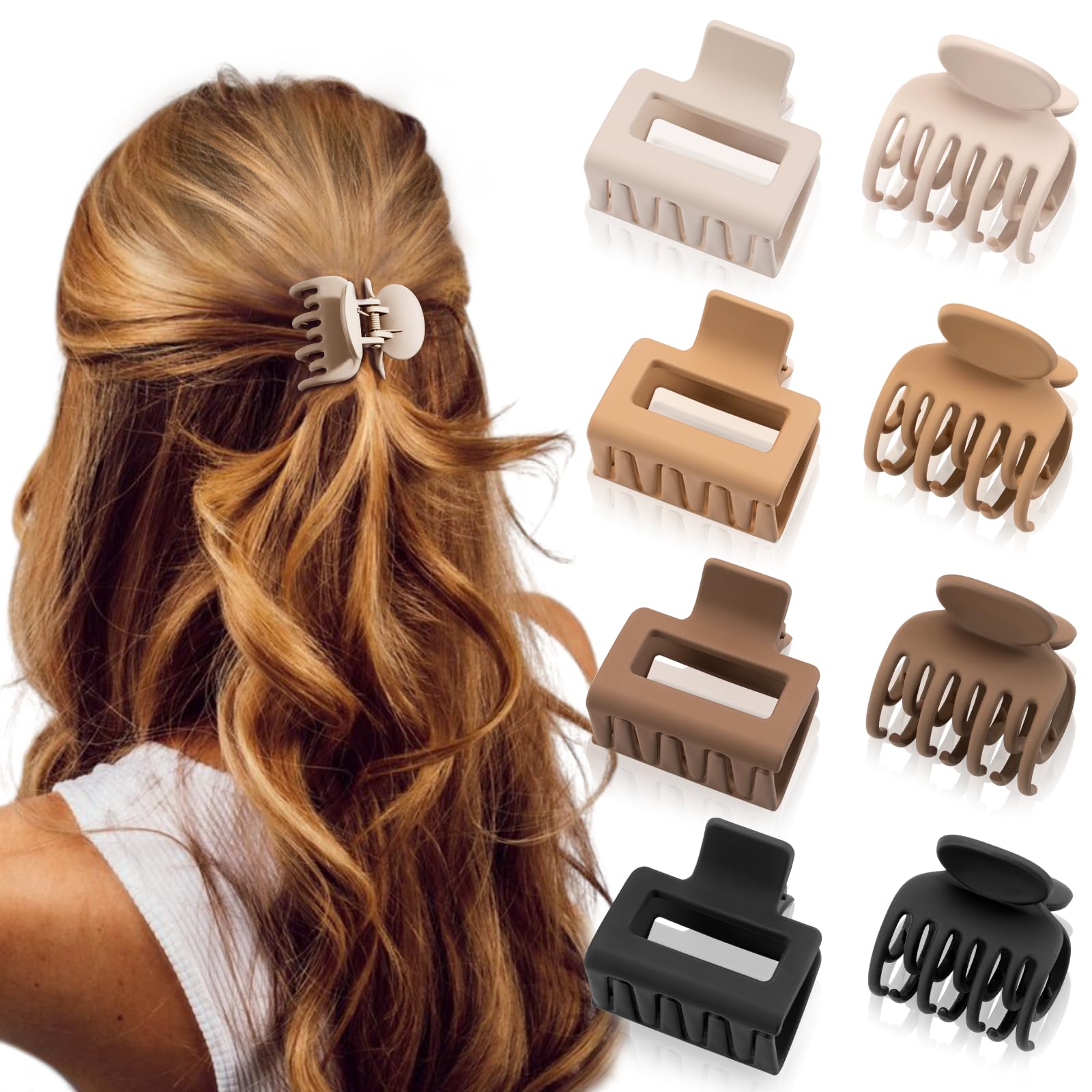 DEPOKA Mattierte Haarspangen für Damen und Mädchen – Rechteckige und zweireihige kleine Krallenklammern für dünnes/mittelfeines Haar – Rutschfeste Kieferklammern (Beige, Khaki, Braun, Schwarz)