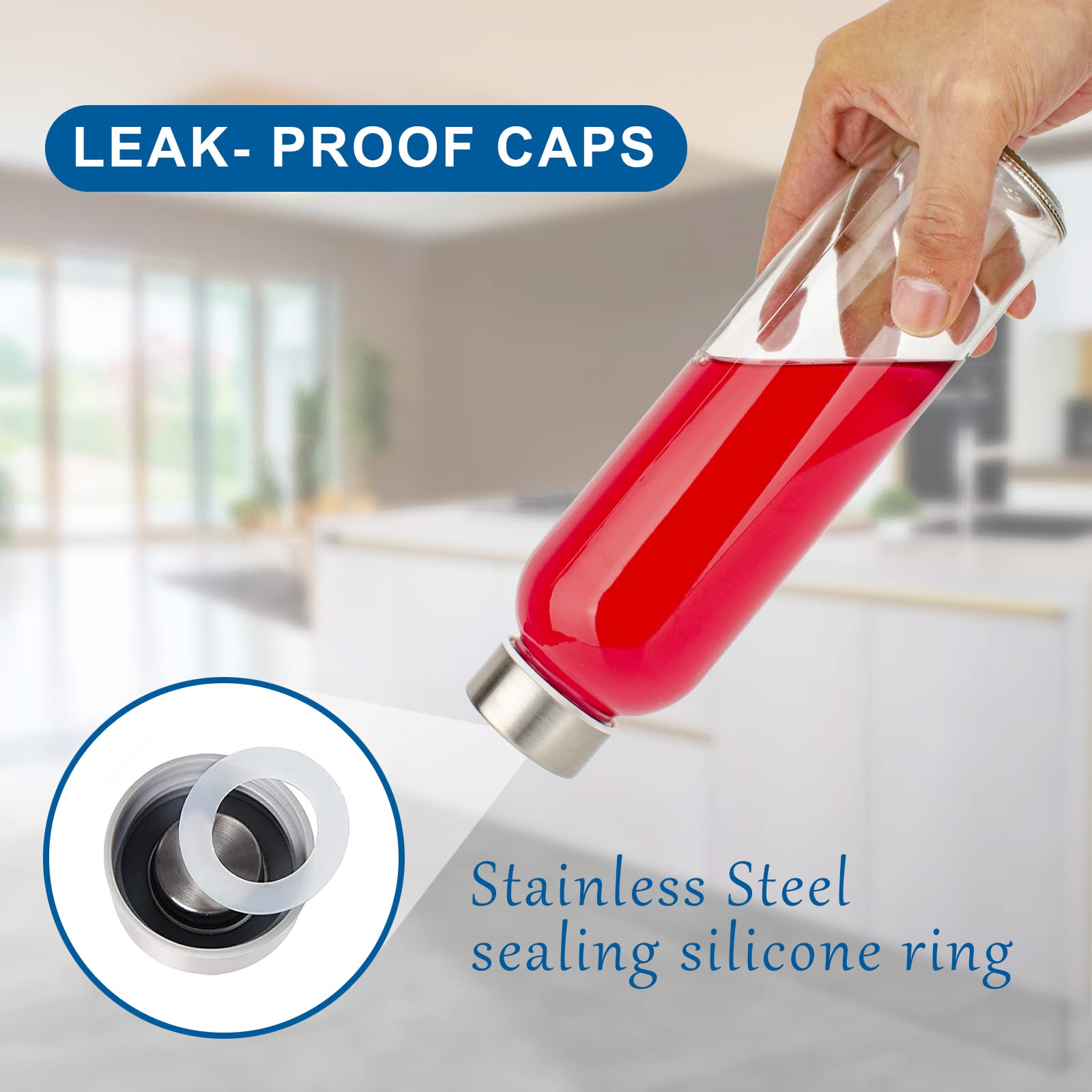 Luxfuel Clear Glass Bottles with Lids 18 oz, Reusable Glass Water Bottles with Stainless Steel Cap for Juicing, Refrigerator,100% Leak Proof, BPA Free, Juice Water Bottle Set of 6