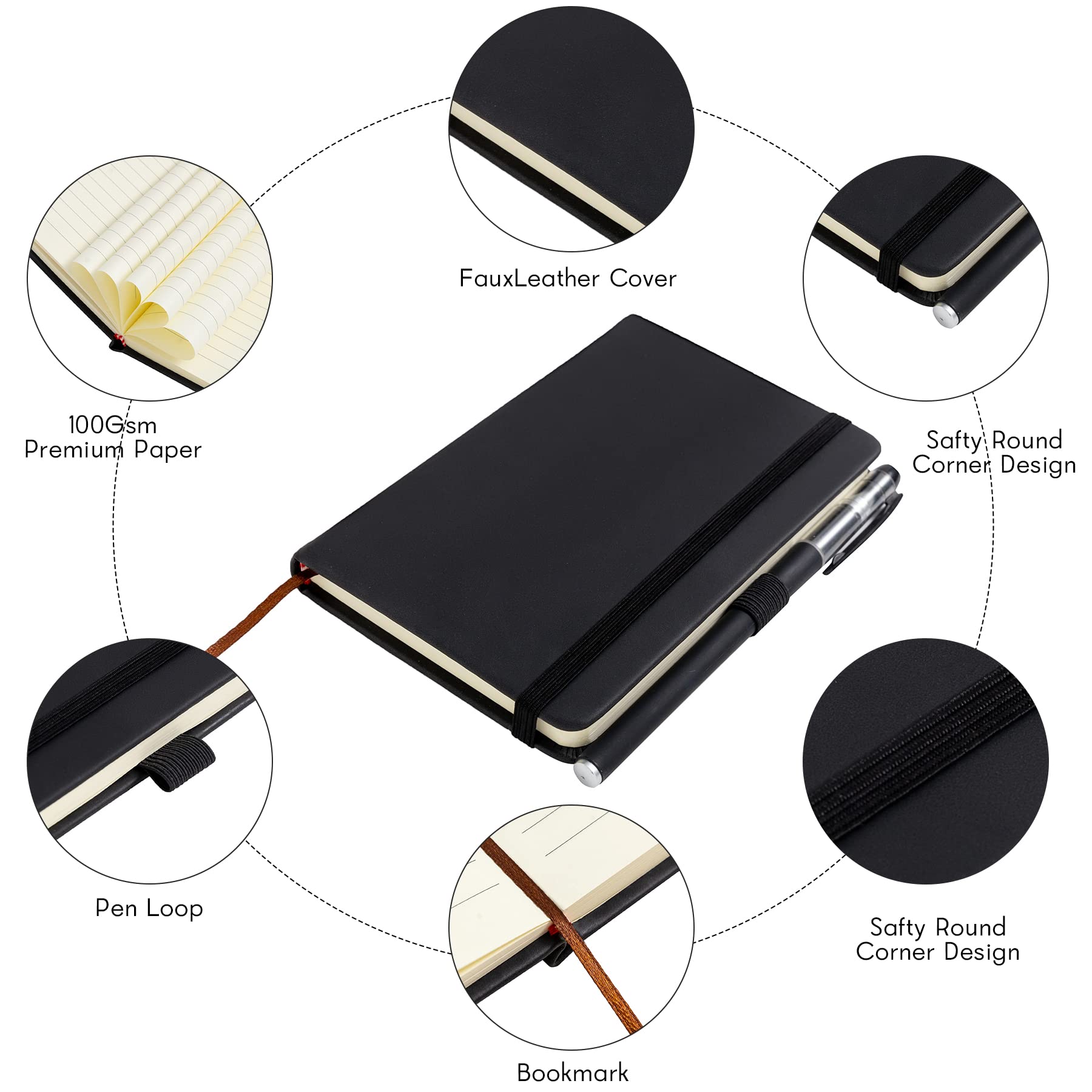 Animusphere 2Pack Pocket Notebook Small Notebook Journal Notebook 4 inches x 5.7 inches 200 Pages Leather Cover With Pen Holder Page Marker Ribbons(Black)