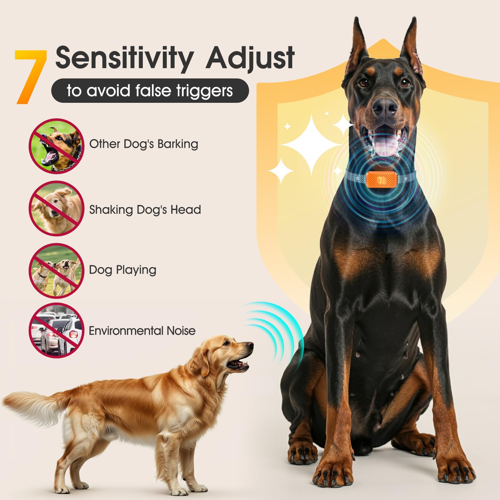 KJKZO Dog Bark Collar for Large Medium Small Dogs, Effective No-Bark Collar, Smart Barking Collar, Rechargeable Bark Collar with 7-Level Sensitivity, 3 Beep & Vibration Modes, Waterproof, Orange