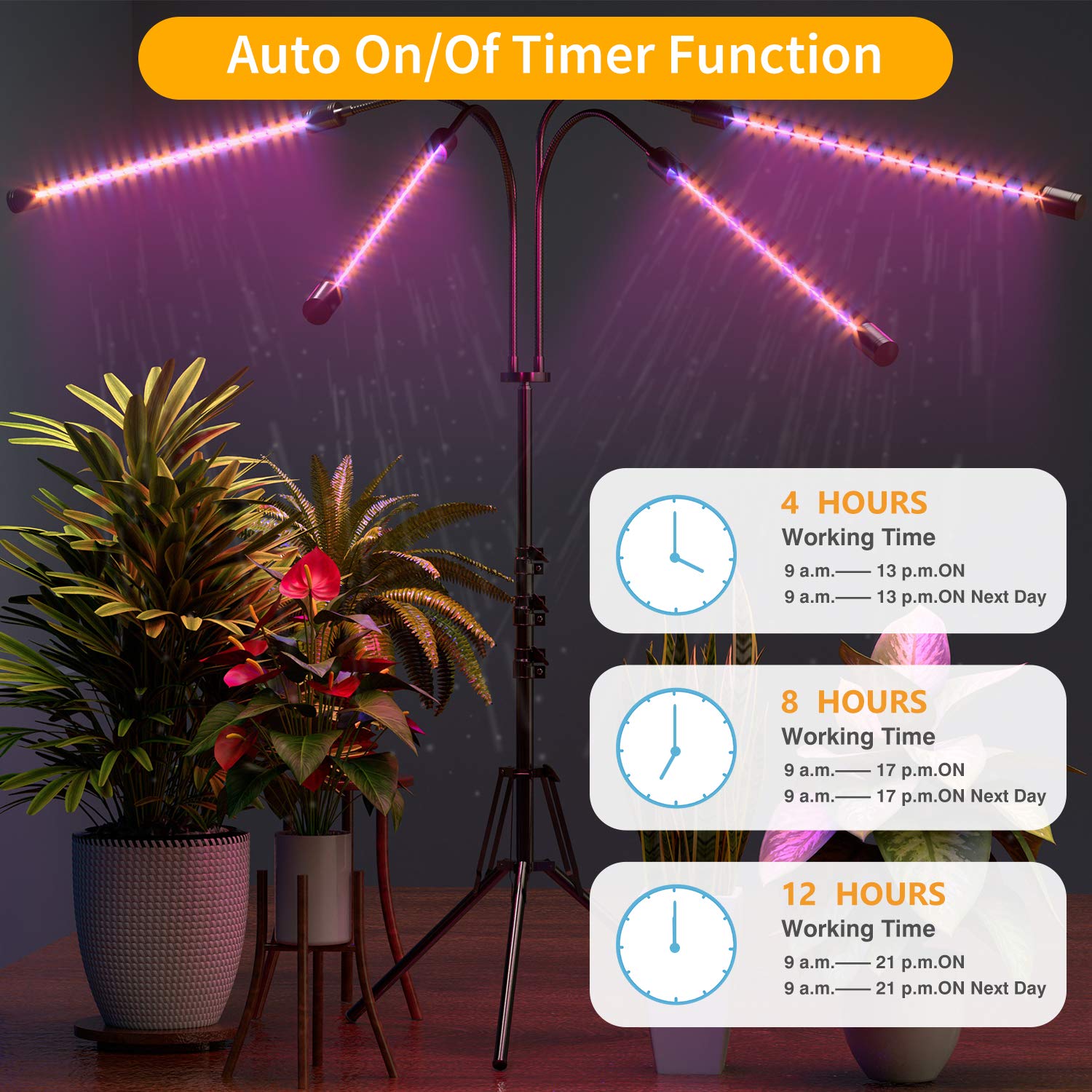 Grow Light with Stand, FRENAN Grow Lights for Indoor Plants with Red Blue Spectrum, 10 Dimmable Brightness, 4/8/12H Timer, 3 Switch Modes, Adjustable Gooseneck, Suitable for Various Plants Growth