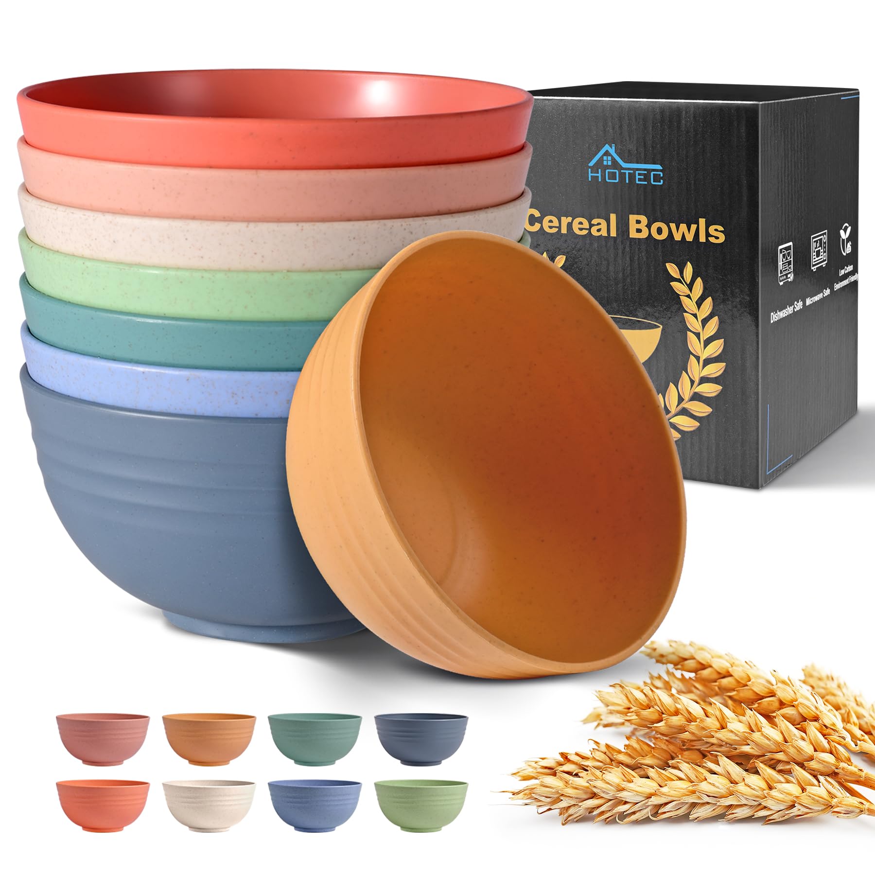 HOTEC BPA Free Unbreakable Wheat Straw Cereal Bowls - Microwave & Dishwasher Safe Soup and Salad Bowls, Set of 8, 26oz, Multicolor