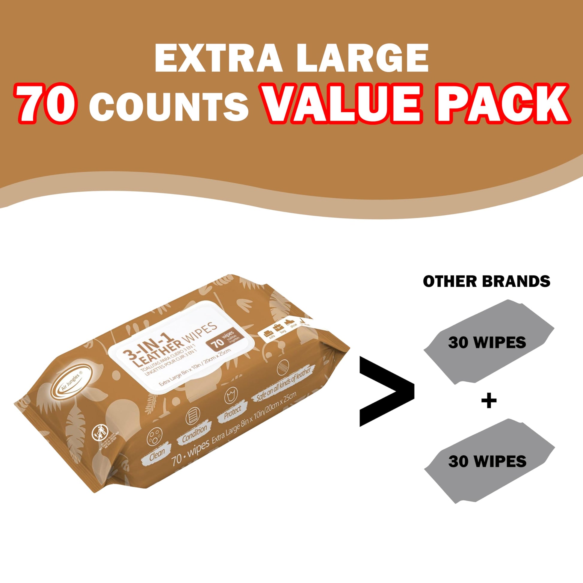 Air Jungles 3in1 Leather Cleaner Wipes 70 Count, Extra Large 8" x 10" Size, Clean Condition Protect Wipes for Vinyl and Leather Apparel Furniture Auto Car Interior Shoes Boots Bags