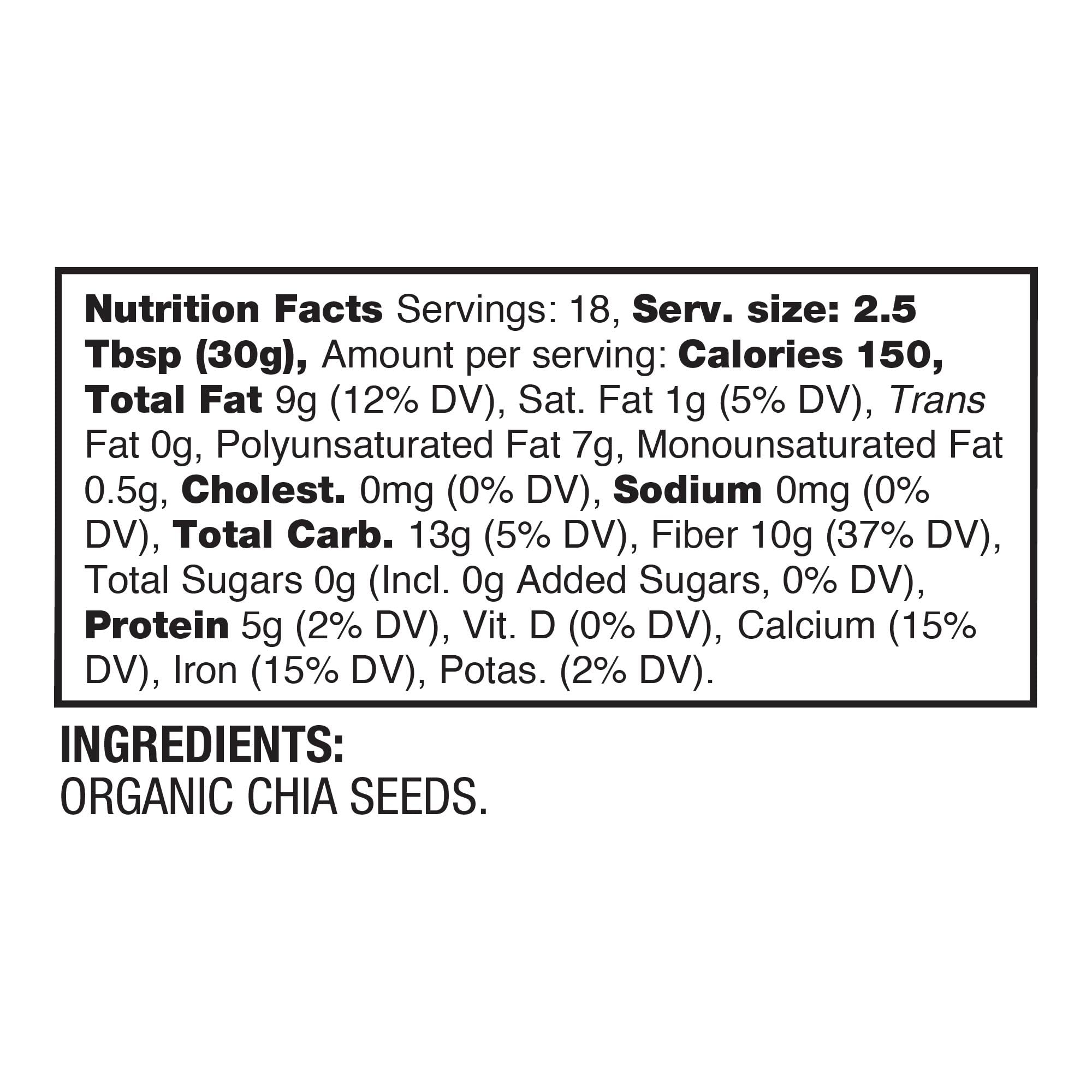 BetterBody Foods Organic Chia Seeds with Omega-3, Non-GMO, Gluten Free, Keto Diet Friendly, Vegan, Good Source of Fiber, Add to Smoothies, 1.25lb