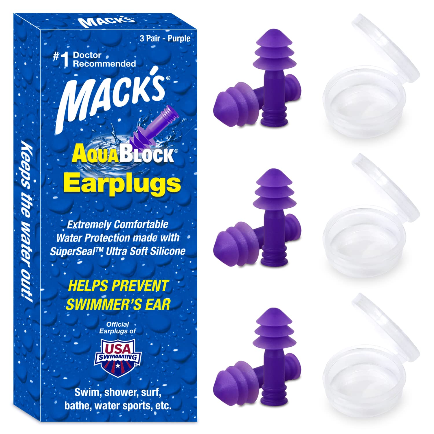 Mack's AquaBlock Swimming Earplugs, 3 Pair - Comfortable, Waterproof, Reusable Silicone Ear Plugs for Swimming, Snorkeling, Showering, Surfing and Bathing (Clear)