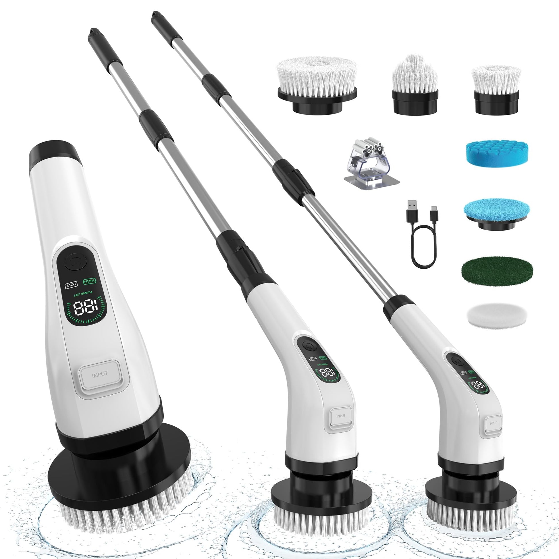 Electric Spin Scrubber with Long Handle: Cordless Power Shower Scrubber - Spin Brush with 7 Brush Replacement Heads for Cleaning Bathroom,Tub, Tile