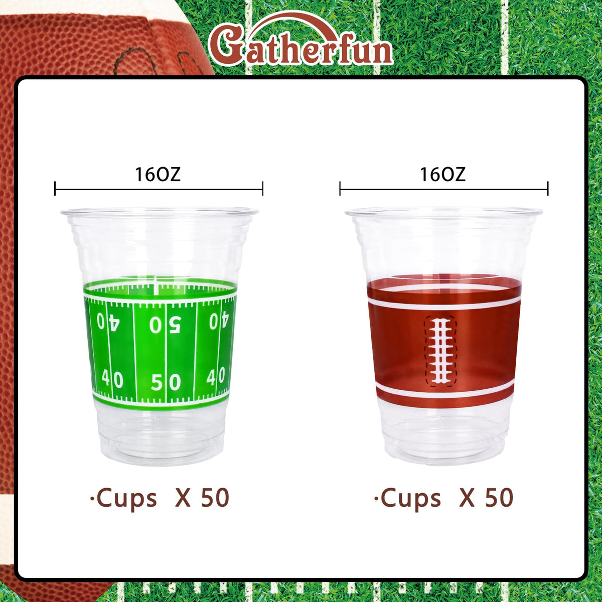 Gatherfun 100 Stück 16oz Football Plastikbecher - Fußballpartys und Tailgate-Events, Einweg & Praktisch - Ideales Partyzubehör & Mitgebsel für Geburtstage im Fußball-Design