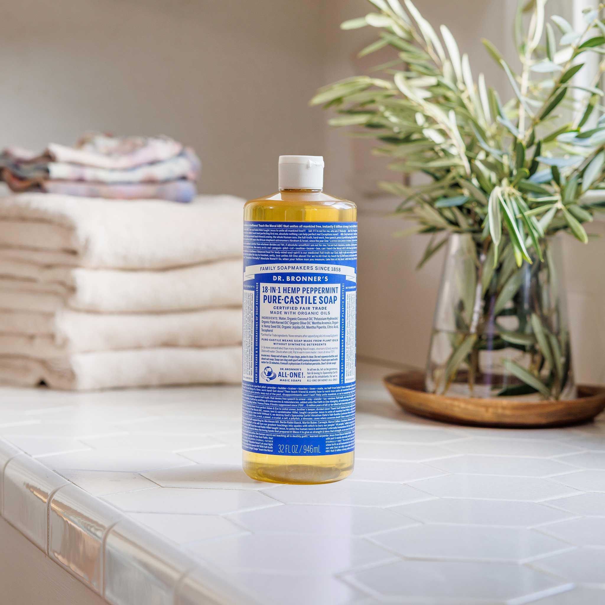 Dr. Bronner's Pure-Castile Magic Liquid Soap - Made with Regenerative Organic Certified Oils- 18-in-1 Uses for Face, Body, Hand, Hair, Laundry & More- Vegan, Non-GMO- Body Wash- Peppermint,32oz