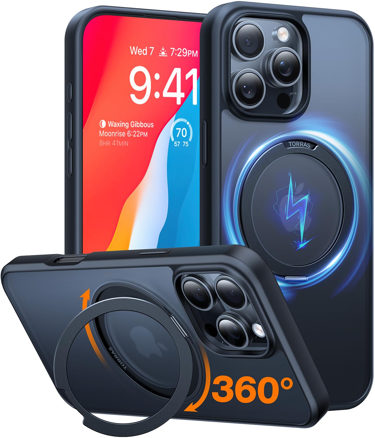 TORRAS Upgraded 360°Rotatable Magnetic Ring for iPhone 16 Pro Max Case, Fit for MagSafe with Stand & Ring Holder, 16FT Mil-Grade Shockproof Translucent for iPhone 16 Pro Max Phone Case Ostand, Black