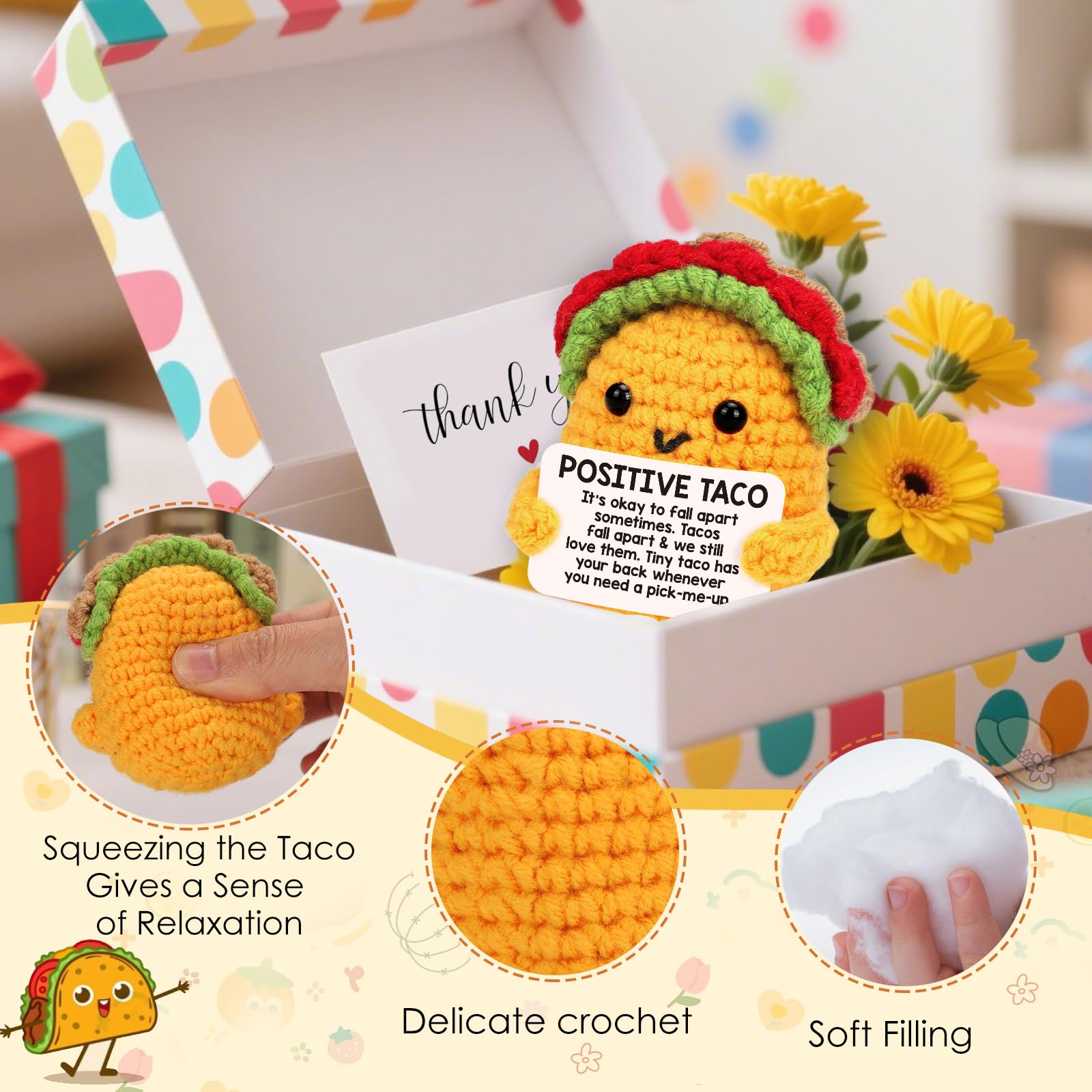 Positive Crochet Taco Christmas Birthday Gifts for Women Men Self Care Thanksgiving Basket Son Mom Dad Daughter Sister Friend Coworkers Relaxation Gift Desk Home Decor Emotional Inspirational Support