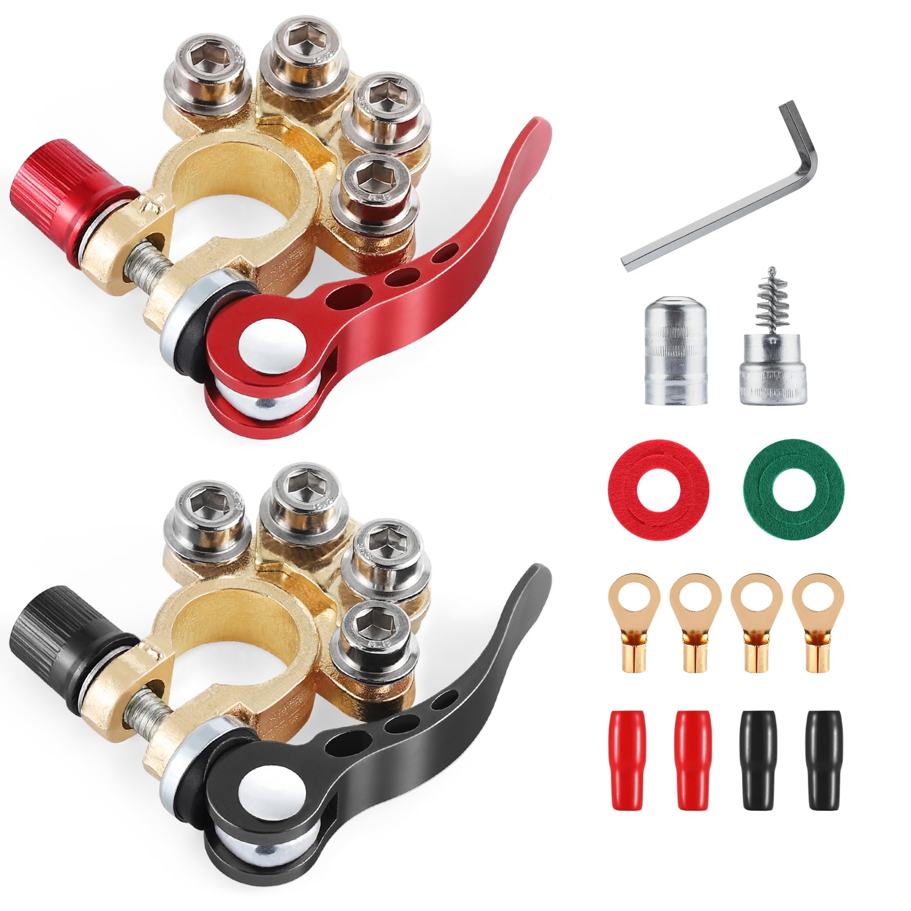 SINGARO Car Battery Terminal Connector, 4 Way Positive and Negative Pole Quick Release Terminal Clip, Applicable to SAE/JIS A Type Terminal Post, Compatible with Cars, Trucks and More(Gold-A)