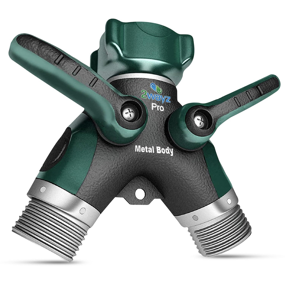 2WAYZ Schlauchverteiler 2-Wege Hochleistungs-Außenwasserhahn und Gartenanschluss – Wasserhahnsplitter – Robuster Vollmetall-Y-Adapter mit Absperrventil – 10,2 x 10,2 x 3,8 cm
