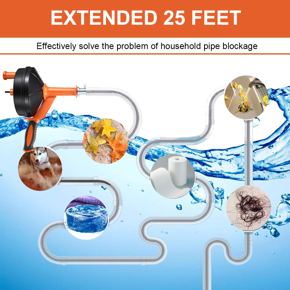 Drain Auger, Clog Remover with Drill Adapter, 25 Feet Flexible Plumbing Snake Use Manually or Powered for Kitchen,Bathrom and Shower Sink, Comes with Gloves (orange)