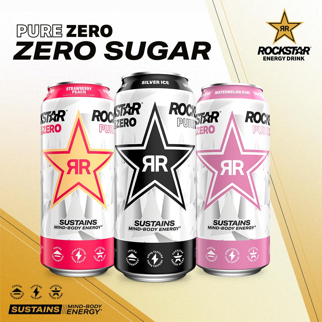 Rockstar Pure Zero Energy Drink, Silver Ice, 0 Sugar, with Caffeine and Taurine, 16oz Cans (Pack of 12) (Packaging May Vary)