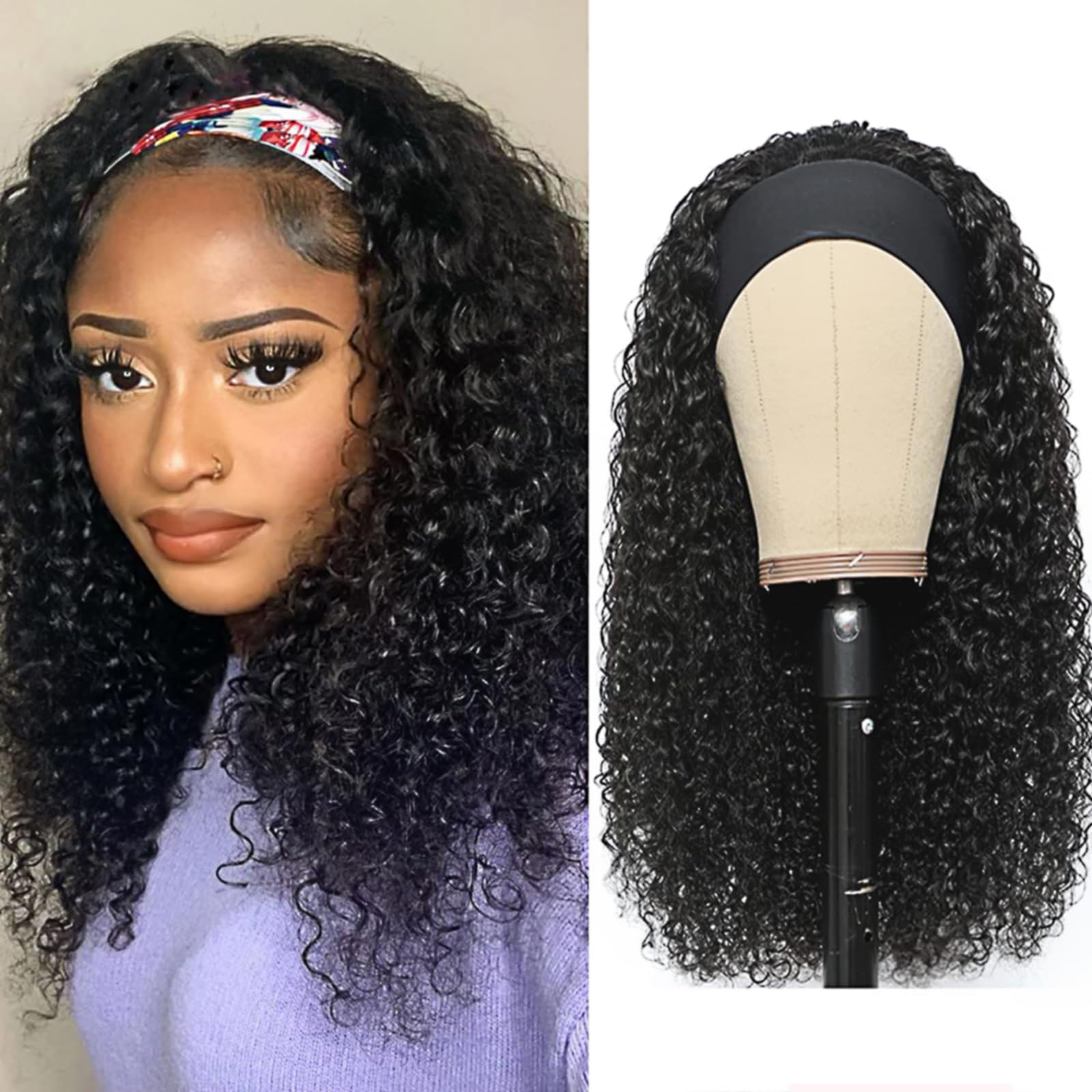XSY Stirnbandperücke Echthaar Deep Wave 16 Zoll lockige Stirnbandperücke Glueless ohne Spitze Front Perücken für schwarze Frauen Halbperücken 150% Dichte Naturfarbe