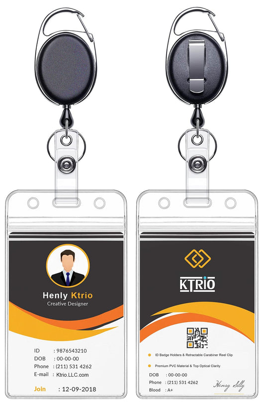 KTRIO 2 Pack Retractable ID Badge Holder with Clip Badge Reels, Clear ID Card Holder with 24" Pull Cord with Carabiner Badge Reel