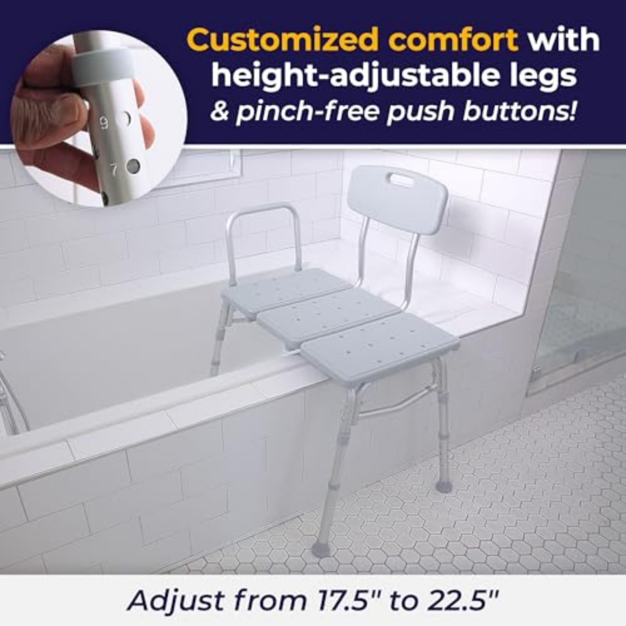 Drive Medical 12011KD-1 Tub Transfer Bench For Bathtub, Height Adjustable Shower Bench with Backrest, Shower Seat Shower Chair Bath Chair for Elderly, Seniors, Arm Support for Transfer, 400 Weight Cap