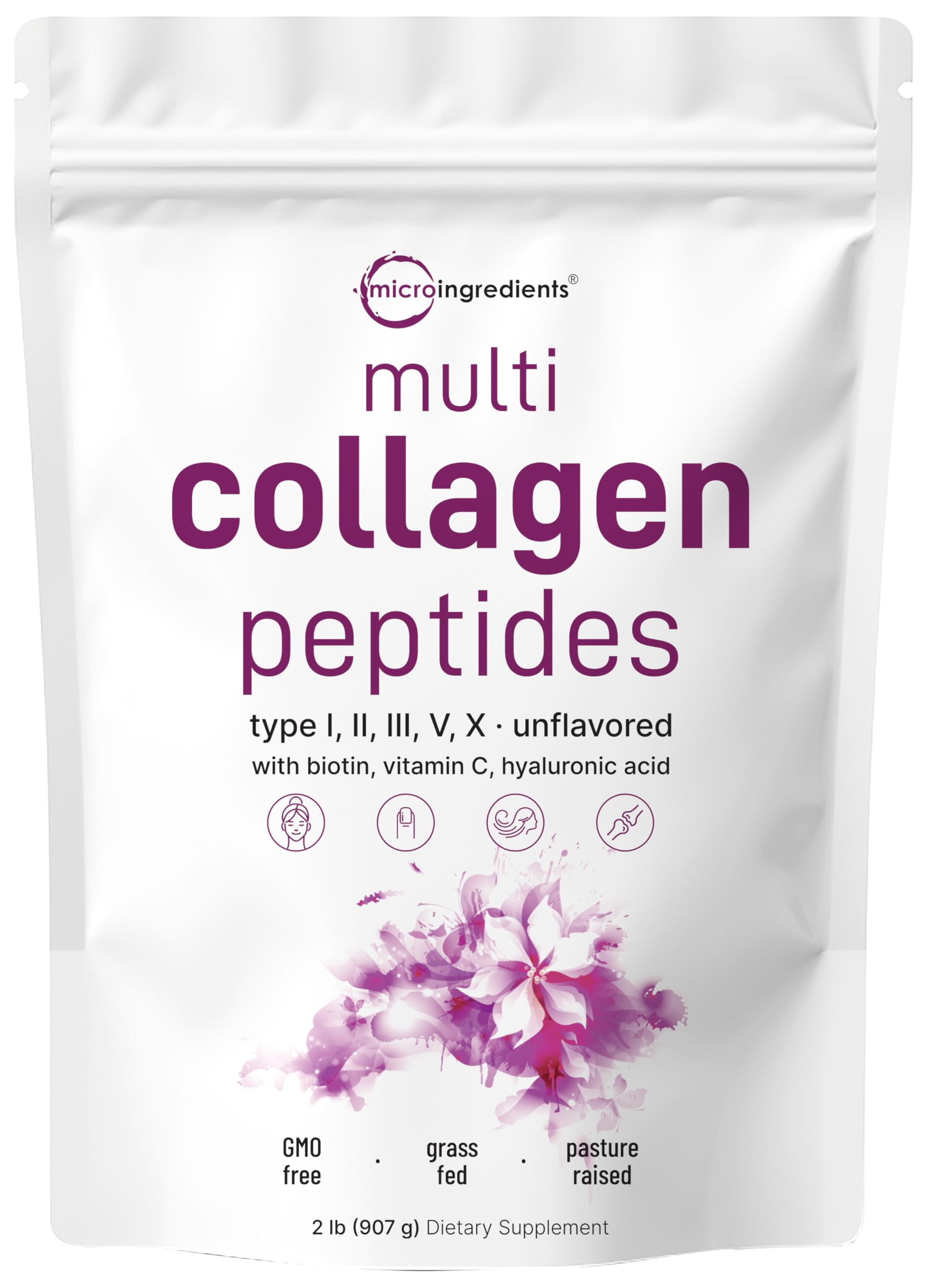 Micro Ingredients Multi Collagen Protein Powder, 2 Pounds Type I,II,III,V,X with Biotin, Hyaluronic Acid, Vitamin C Unflavored Collagen Peptides Keto & Paleo Friendly, Easy Dissolve, Non-GMO