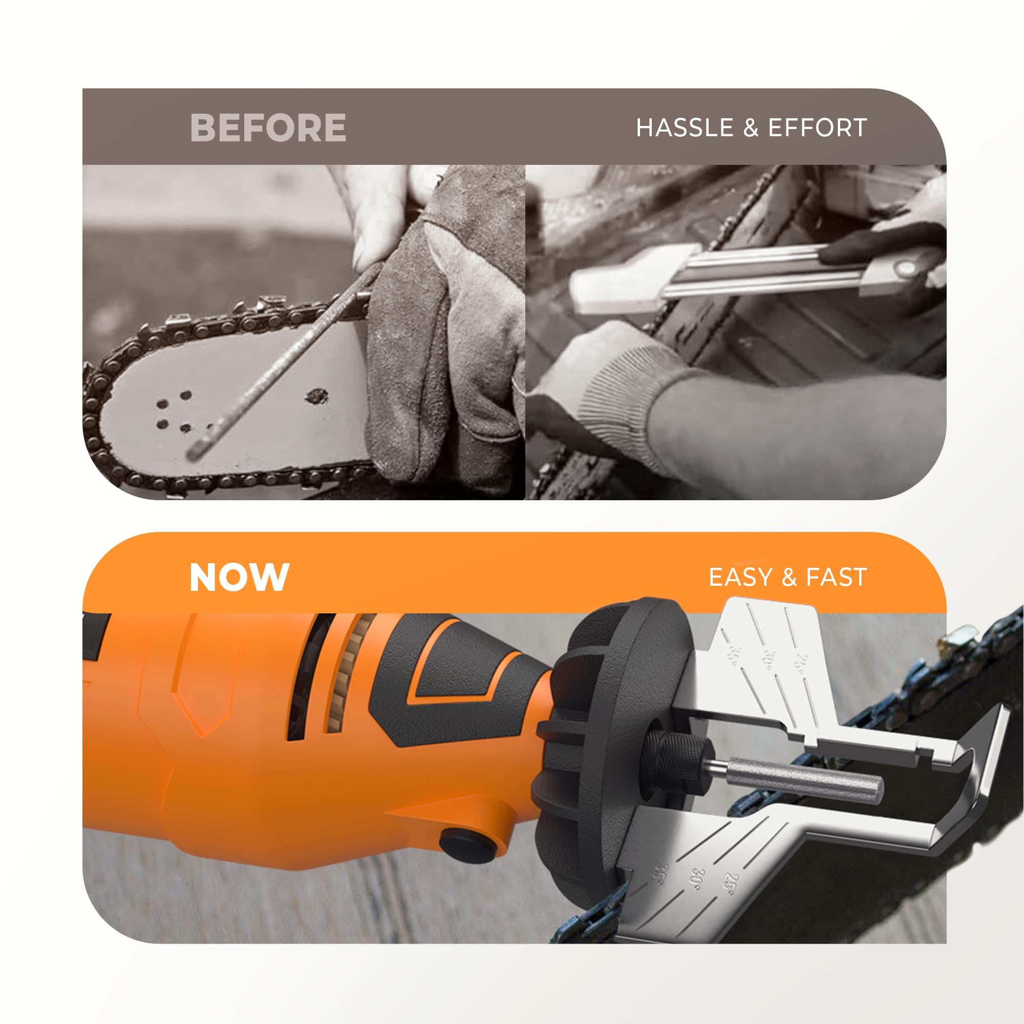 Sharp Pebble Electric Chainsaw Sharpener Kit - Comes with Chain Saw Sharpener Tool, 4 File Size Sharpening Wheel Bits, Angle Attachment, Wrench & eBook