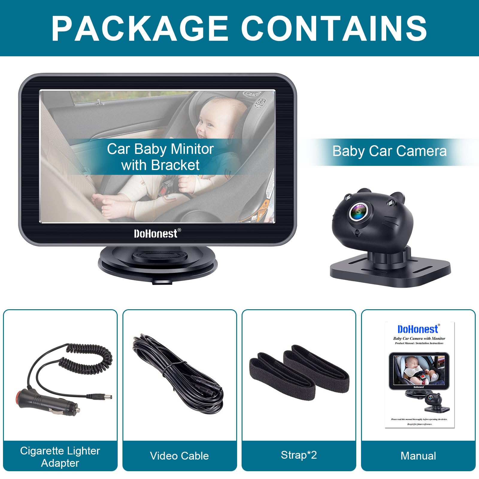DoHonest Baby Car Camera 7-Inch: USB Plug and Play Easy Setup 360 Degree Rotating Backseat Camera Two Kids HD 1080P Rear Facing Car Seat Cameras Clear Night Vision -V9