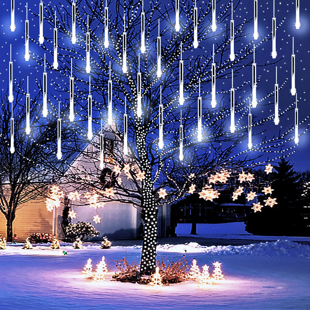 Purtuemy Christmas Lights Outdoor, Meteor Shower Lights 12 inch 8 Tubes LED Snow Falling Lights Icicle Cascading String Lights for Christmas Decoration Tree Garden Wedding Party Holiday, White