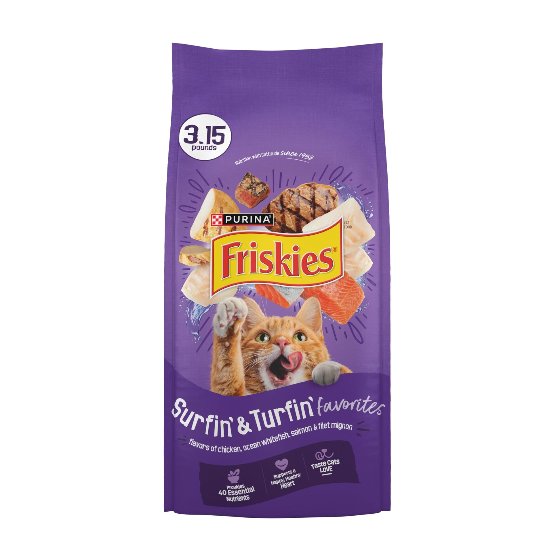 Purina Friskies Cat Food Surfin and Turfin Favorites Flavors of Chicken, Whitefish, Salmon and Filet Mignon - (Pack of 4) 3.15 lb. Bags