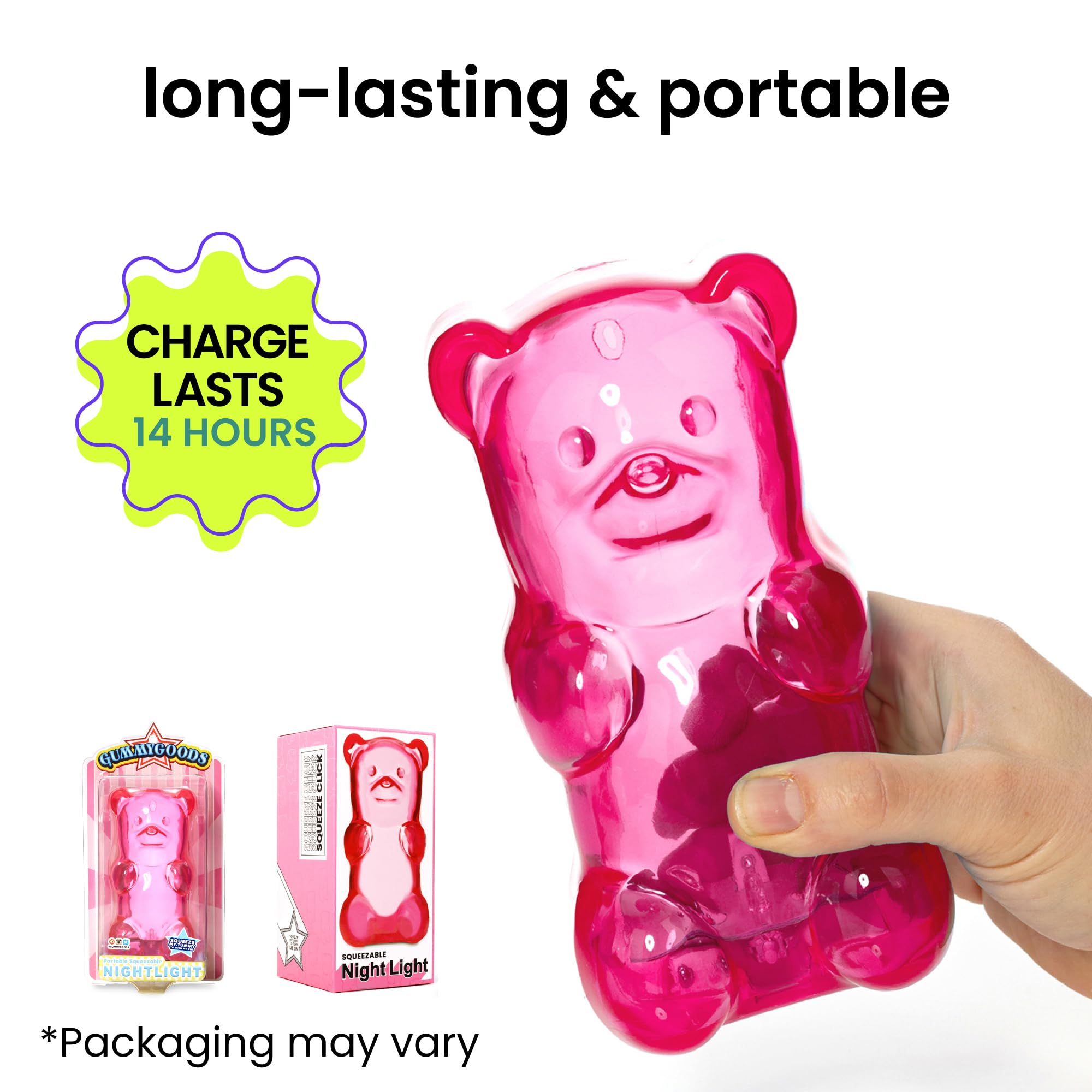 Gummygoods Squeezable Gummy Bear Night Light - Rechargeable, Portable, Squishy Lamp, 60-Min Sleep Timer - Christmas Gift for Kids & Adults, Baby Nursery, and Dorm Rooms - (Pink)