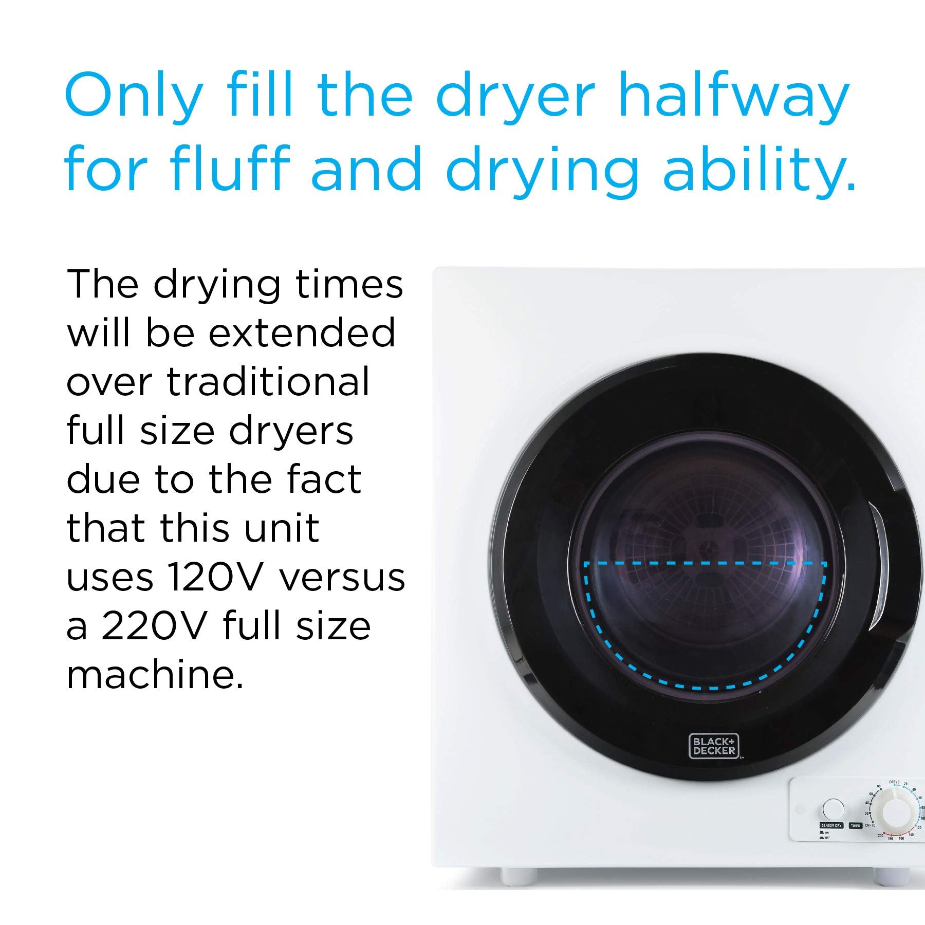 BLACK+DECKER BCED37 Compact Dryer for Standard Wall Outlet, Small, 4 Modes, Load Volume 13.2 lbs., White